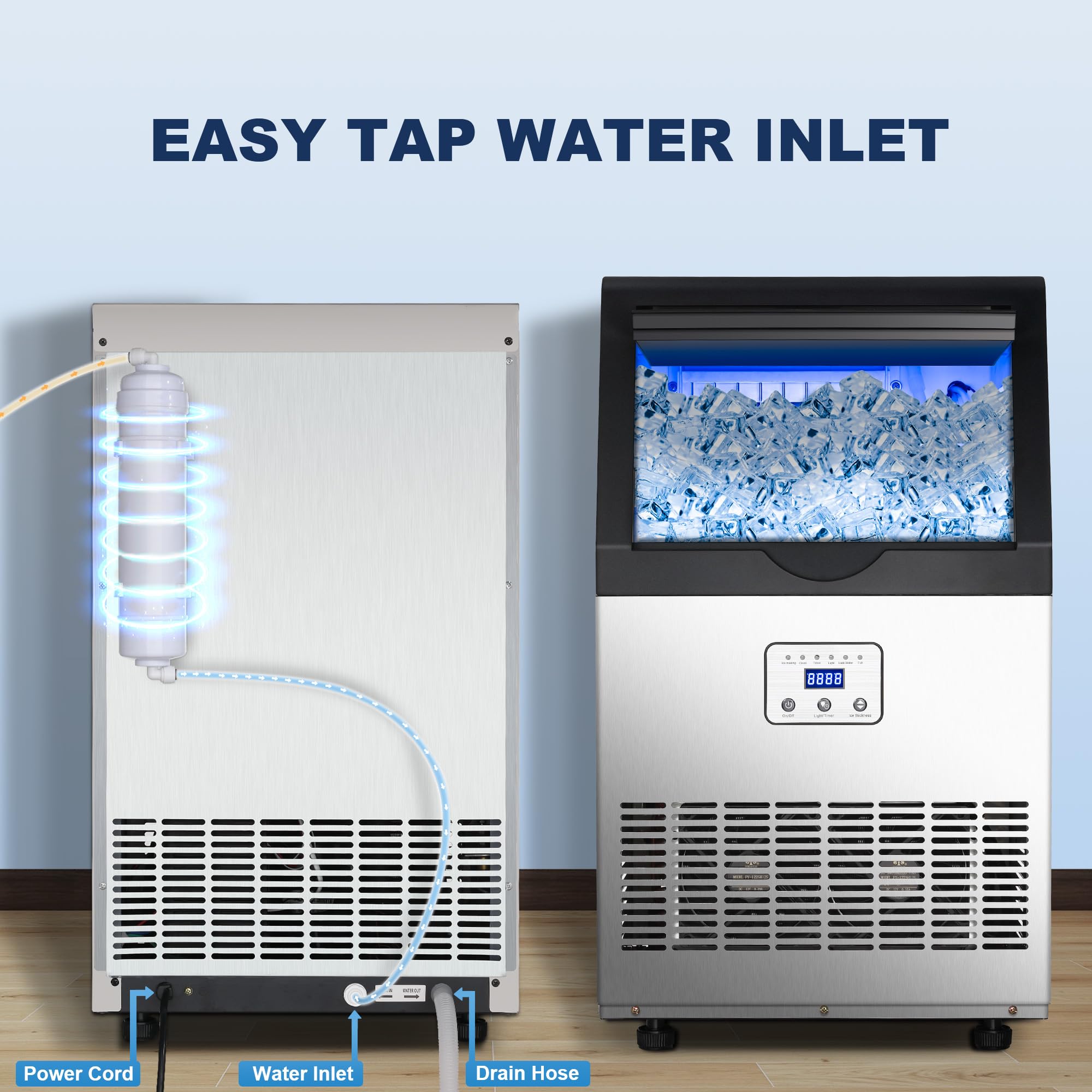 Commercial Ice Maker Machine - 110LBS/24H Stainless Steel Ice Maker with 25LBS Capacity, Produces 45 Ice Cubes in 12-15 Minutes, Self-Cleaning Function - Perfect for Restaurants, Bars, Home Kitchen, Office & Outdoor Parties (Includes Scoop)