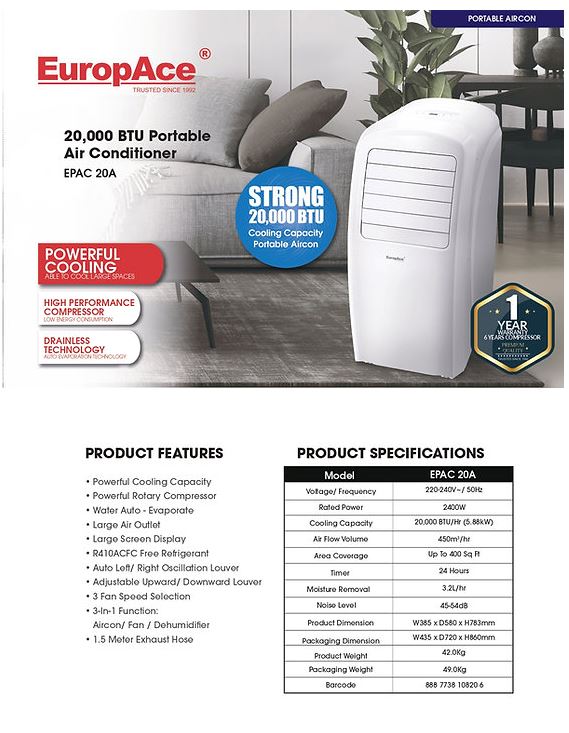 Europace EPAC 20A 20,000 BTU Portable Air Conditioner - 3-in-1 Cooling, Dehumidifier & Fan for Rooms up to 700 Sq.Ft - Perfect for Bedrooms, Living Rooms & Home Offices
