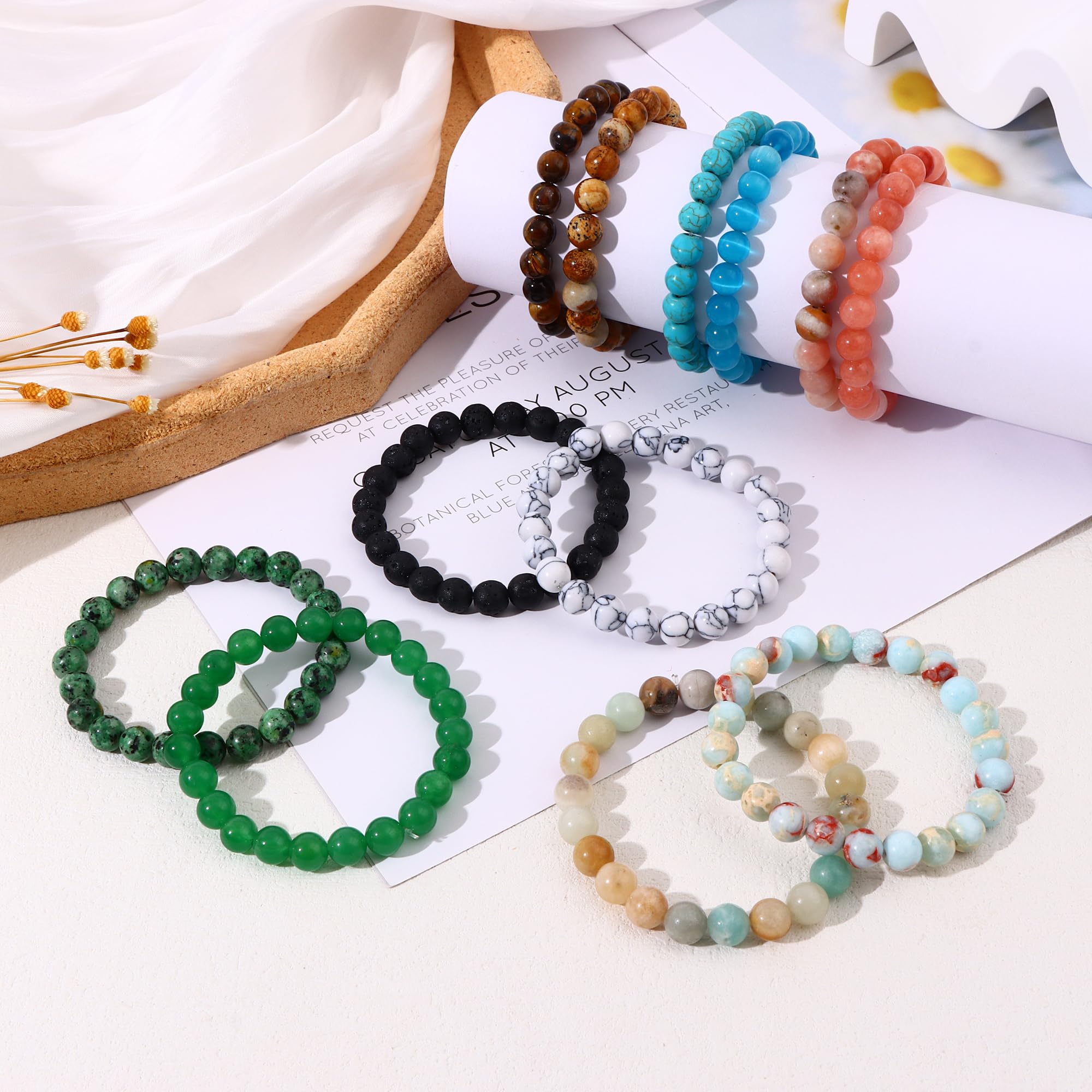 WAINIS 12Pcs 8mm Semi-Precious Gemstone Beaded Bracelets for Men & Women - Handmade Stretch Crystal Stone Bracelets Stackable Unisex Jewelry - Perfect for Yoga, Meditation, Gifts & Everyday Wear