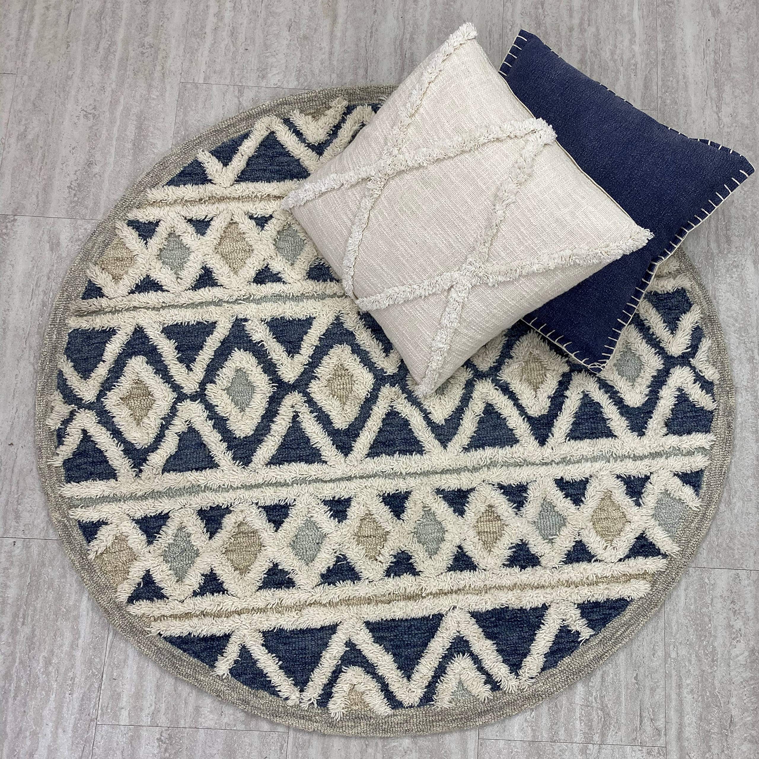 LR Home 6ft Round Indoor Natural Wool Area Rug - Hand Tufted Modern Farmhouse Boho Style for Bedroom, Living Room, Entryway & Playroom | Blue and Cream Home Decor Carpet | Perfect for Cozy Spaces, Nursery & Home Office