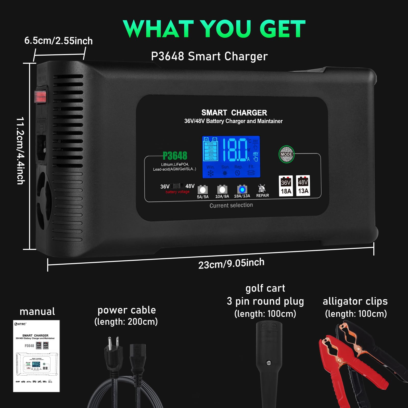 36V/48V Golf Cart Battery Charger - 18A/13A Smart Charger with 3-Pin Round Plug for Club Car, Compatible with Lithium, LiFePO4, Lead-Acid AGM/Gel/SLA Batteries - Perfect for Golf Course, RV & Marine Use