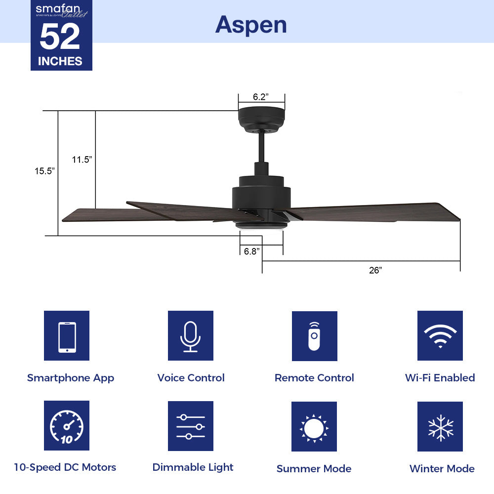 Aspen Smart Ceiling Fan with LED Light - 52 Inch Remote Control Indoor/Outdoor Fan - Energy Efficient Quiet Operation for Bedroom, Living Room, Patio & Covered Porch