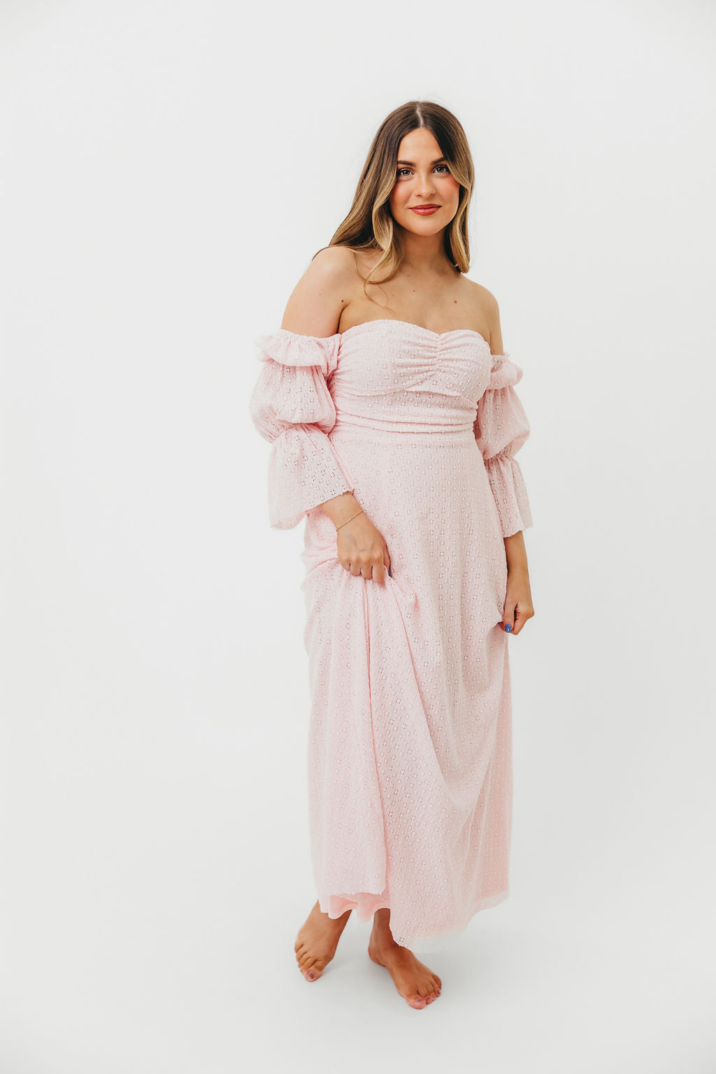Corrine Tiered Sleeve Maxi Dress with Pockets - Baby Pink Maternity Dress | Bump Friendly & Comfortable for Pregnancy, Nursing, Special Occasions & Summer Weddings