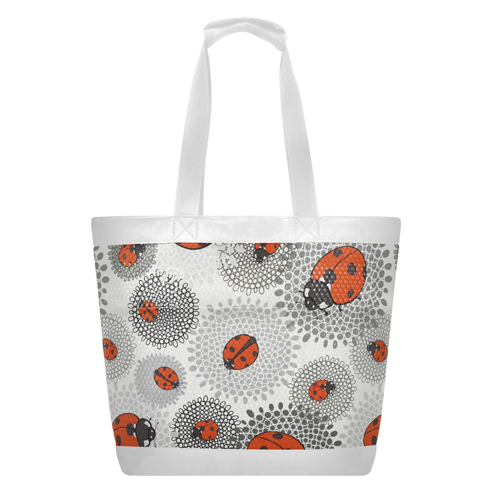 Stylish MCHIVER Ladybugs Monochrome Floral Mesh Beach Bag with Zipper & Pockets - Lightweight Tote for Pool, Gym, Travel & Beach Essentials | Perfect for Summer Vacations, Swimwear Storage & Outdoor Activities