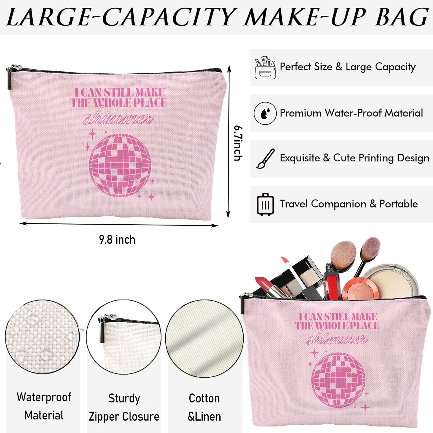 QualityLife Singer Lyric Shimmer Pink Makeup Bag - Official Singer Merch Cosmetic Pouch for Fans | Perfect Women's Birthday Gift for Concerts, Travel & Daily Beauty Organization