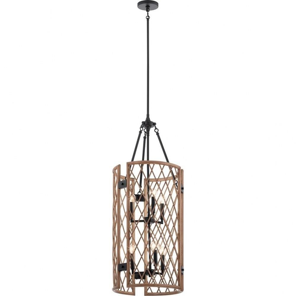 6-Light Rustic Wood Lattice Drum Shade Chandelier - Farmhouse Ceiling Light Fixture with Palm Leaf Design for Dining Room, Living Room & Bedroom Lighting