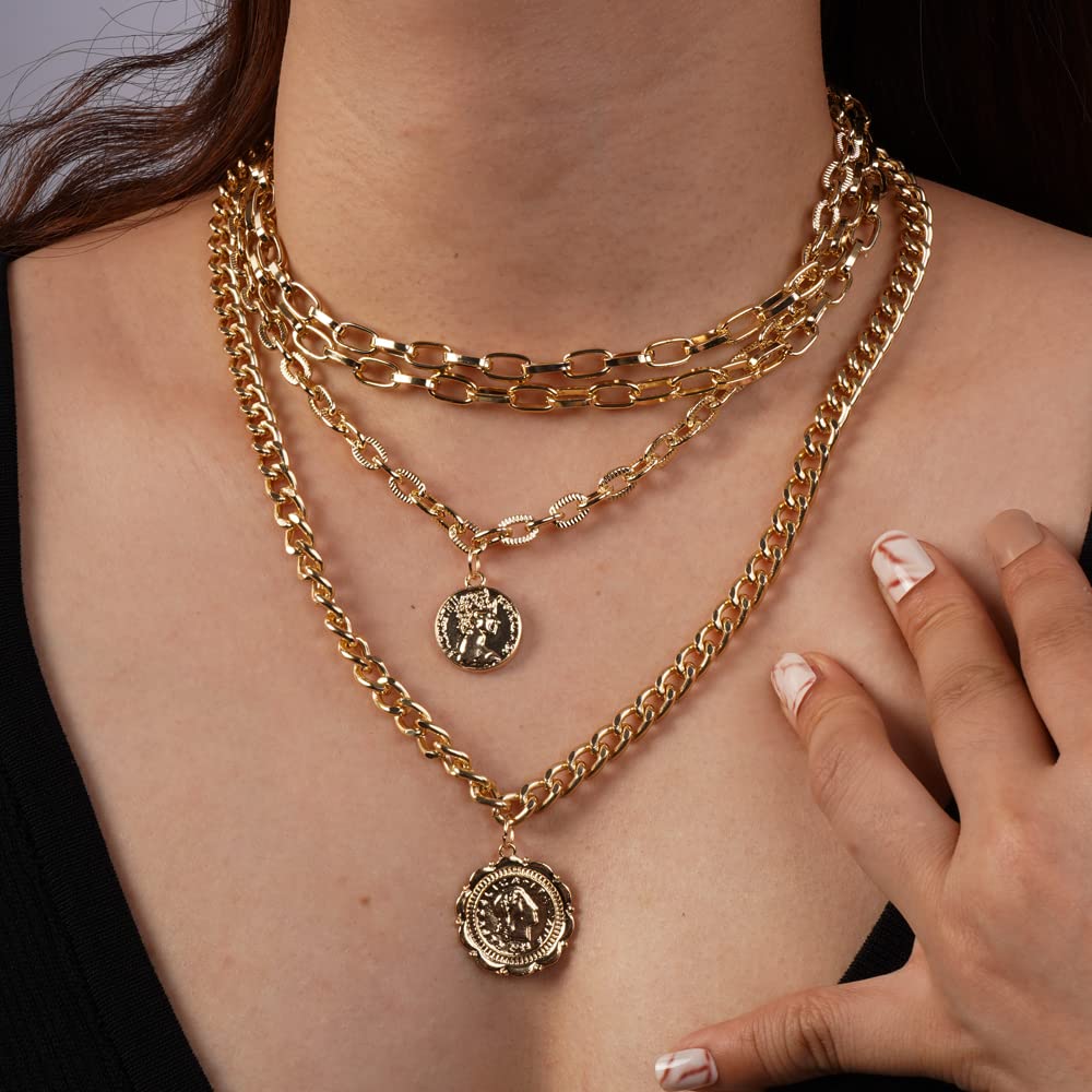 Missgrace 4-Tier Boho Women's Dainty Chunky Coin Layered Choker Necklace - Trendy Multilayered Jewelry for Women - Perfect for Festivals, Parties & Everyday Boho Style