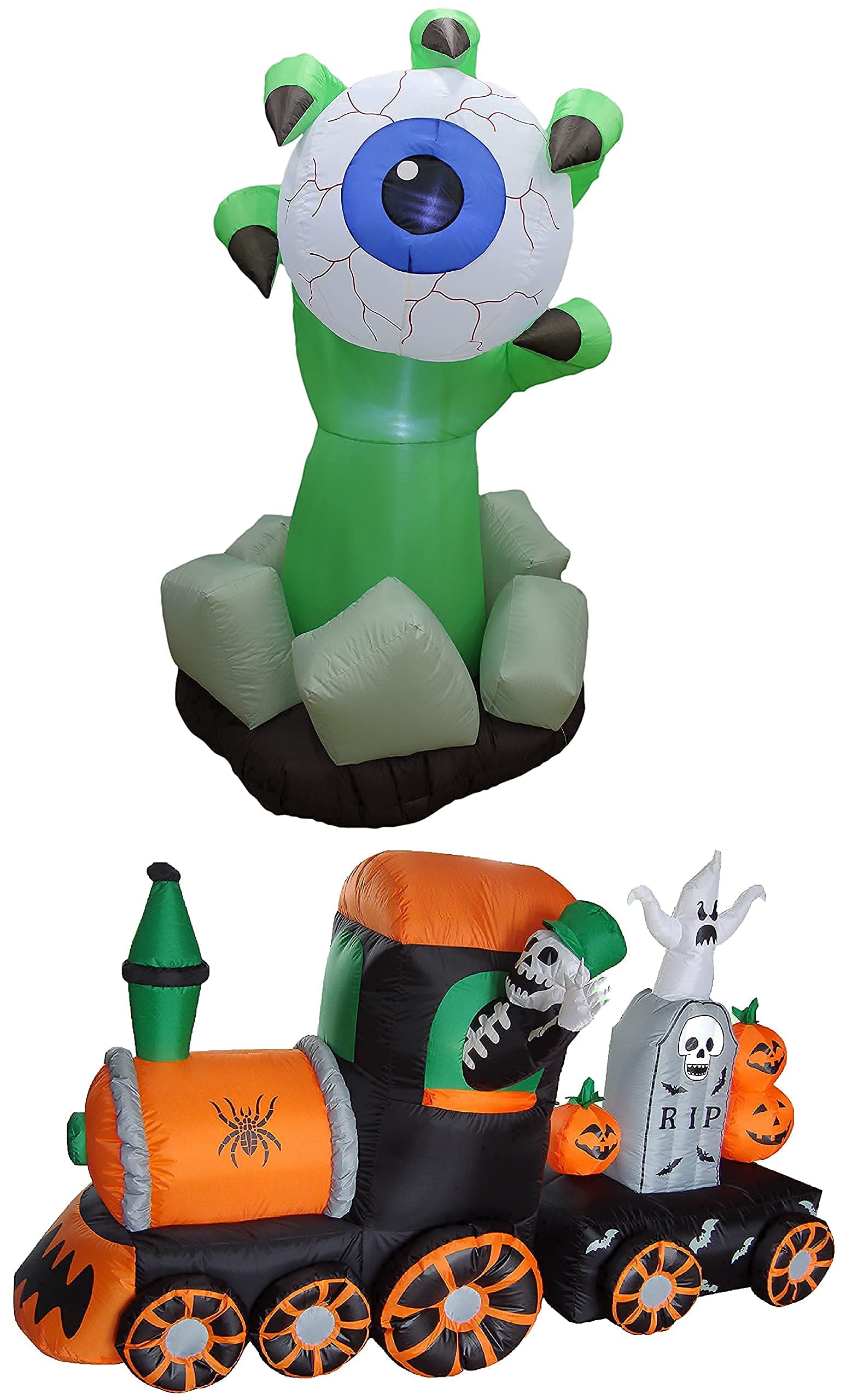 Halloween Party Decorations Bundle - 6ft Tall Inflatable Monster Hand with Eyeball & 7ft Long LED Skeleton Train with Tombstone Ghost Pumpkins | Spooky Yard Decor for Halloween Night, Haunted House Parties & Trick-or-Treat Displays