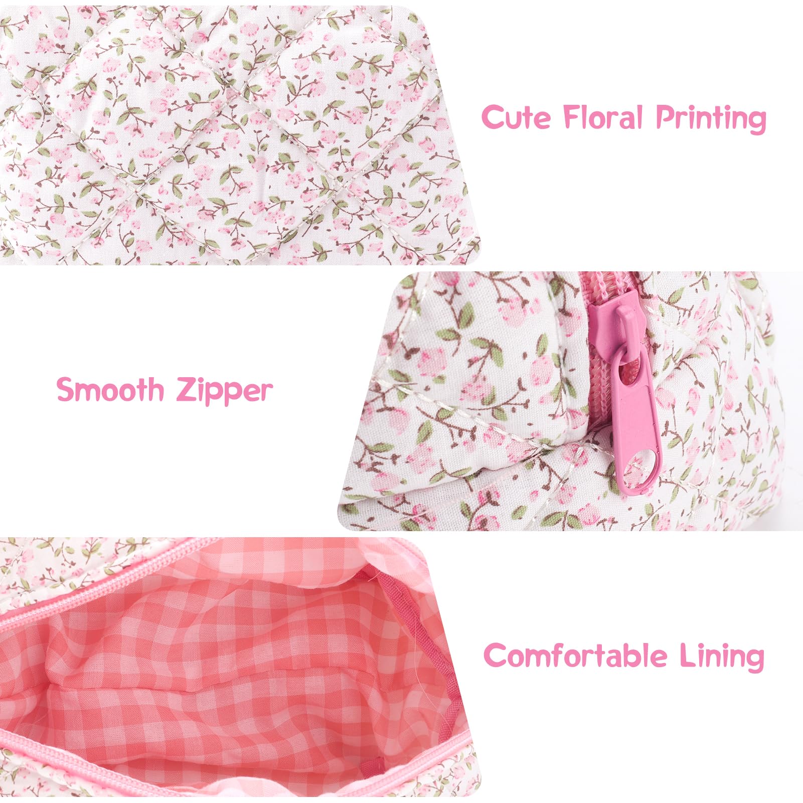 Quilted Floral Makeup Bag Large Cute Cosmetic Organizer - Cotton Puffy Travel Toiletry Pouch with Zipper for Women & Girls (Pink) | Perfect for Travel, Gym, Daily Use & Gift Giving