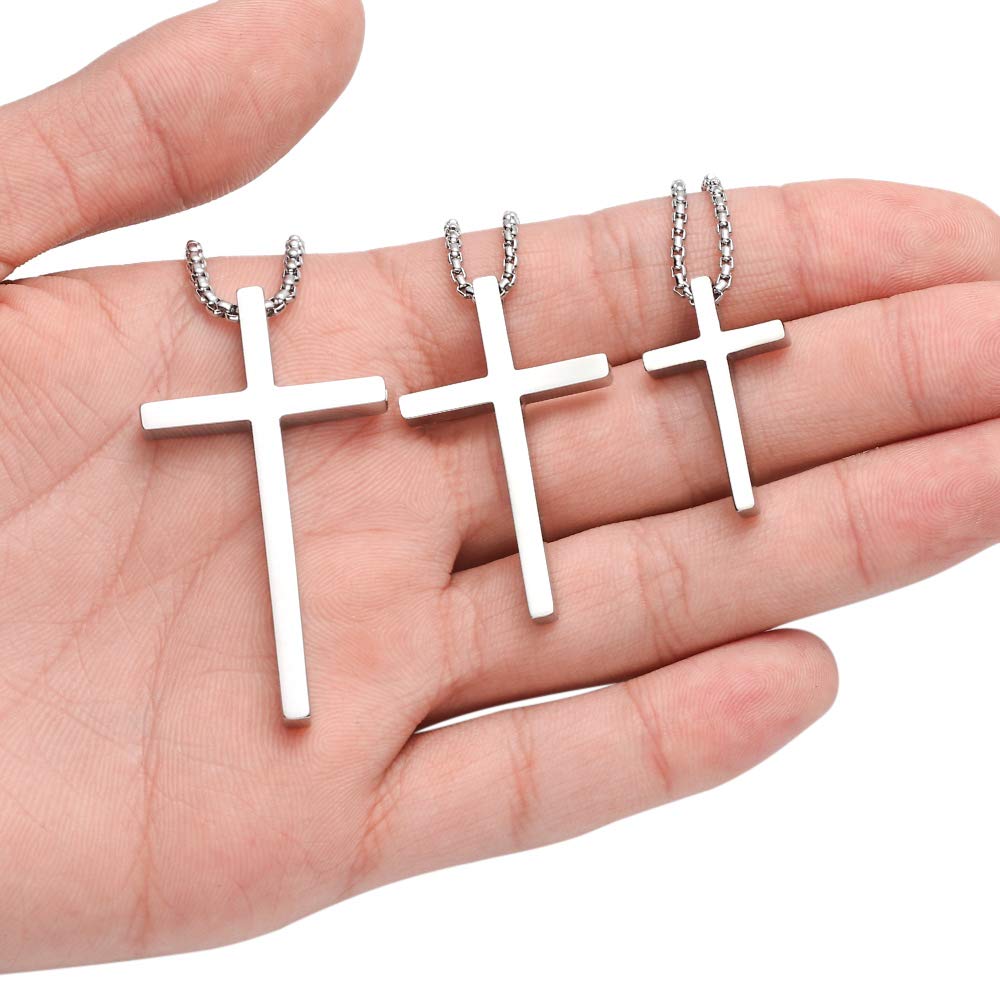 Stainless Steel Cross Necklace for Men - Silver, Black & Gold Plain Pendant with Adjustable 16-30 Inch Box Chain | Religious Jewelry Gift for Christians, Baptism, Confirmation & Everyday Wear