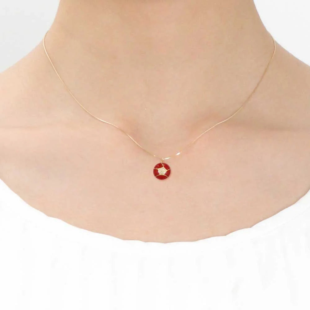 Handcrafted Japanese Maki-e Urushi Lacquer Pendant Necklace with White South Sea Pearl Shell, Camellia Flower & Red Lacquer - Traditional Asian Jewelry for Women, Perfect for Weddings, Parties & Special Occasions