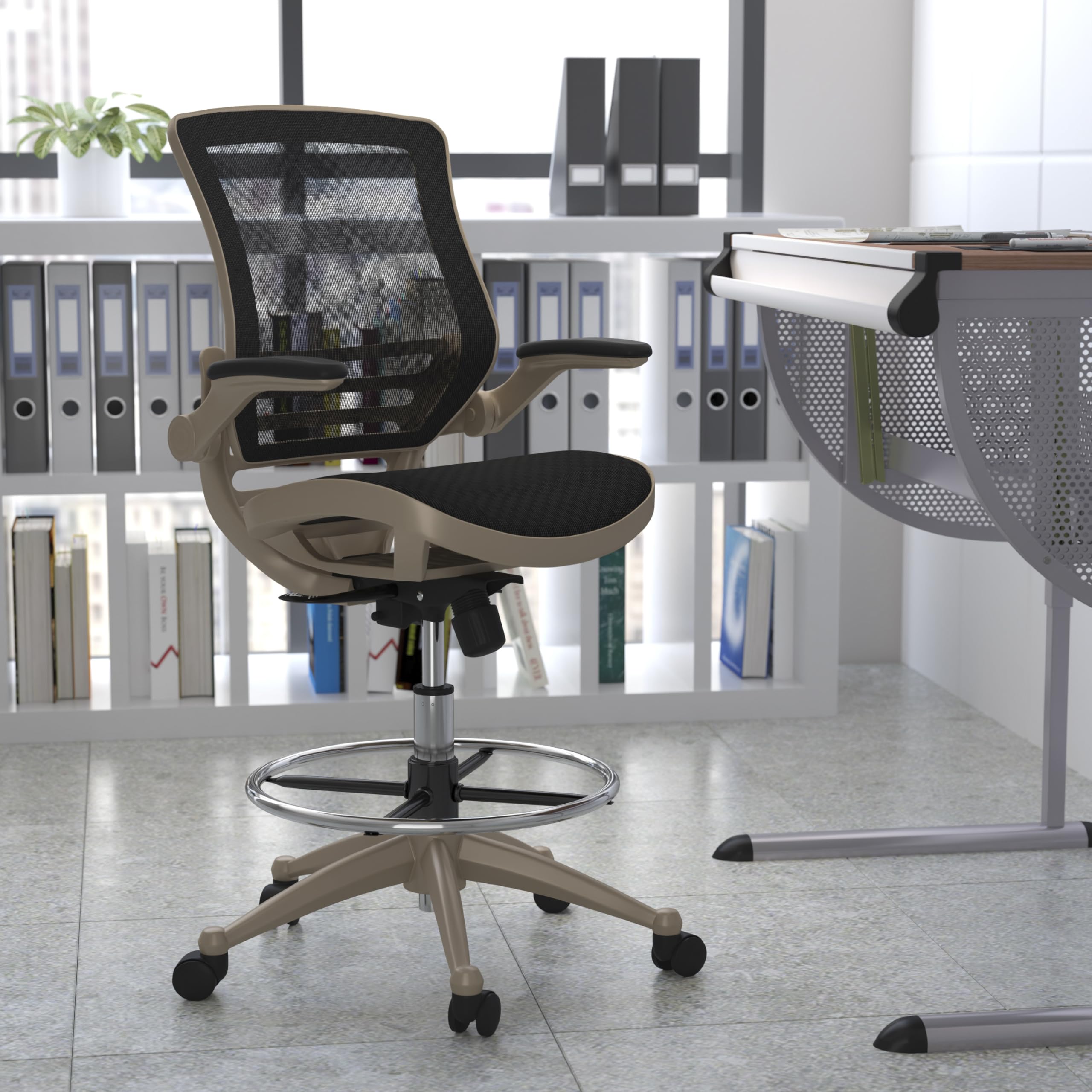Ergonomic Mid-Back Transparent Black Mesh Office Chair with Gold Metal Frame & Flip-Up Arms - Perfect for Architects, Drafting Tables, Home Office & Gaming Setup