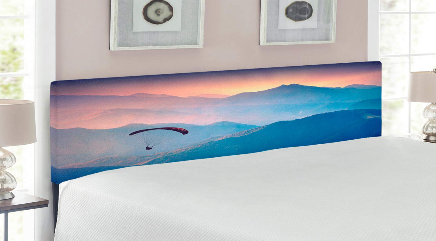 Ambesonne King Size Upholstered Sports Headboard with Memory Foam - Paragliding Mountain Sunrise Design in Blue & Pink | Decorative Metal Bed Frame for Sports Enthusiasts & Adventure Themed Bedrooms