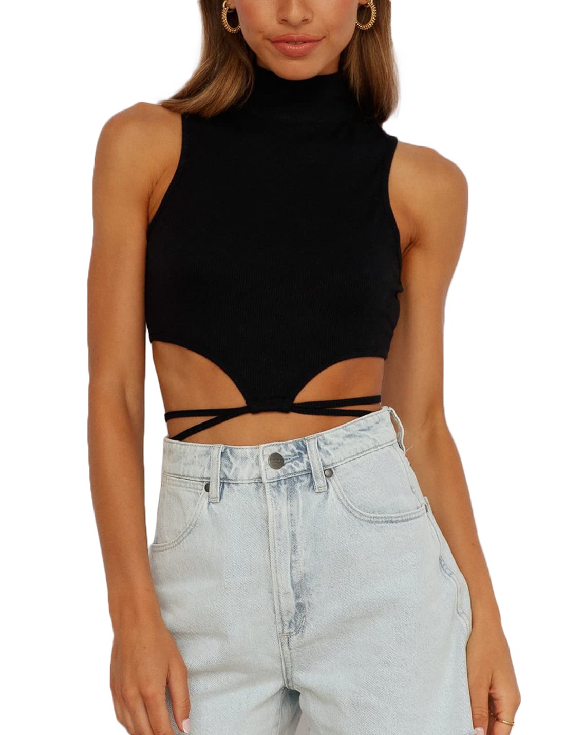 SKIKYAN Women's Ribbed Cropped Tank Top - Criss Cross Tie Back, Sleeveless High Neck Open Back Design | Perfect for Summer, Beach, Yoga & Casual Outfits