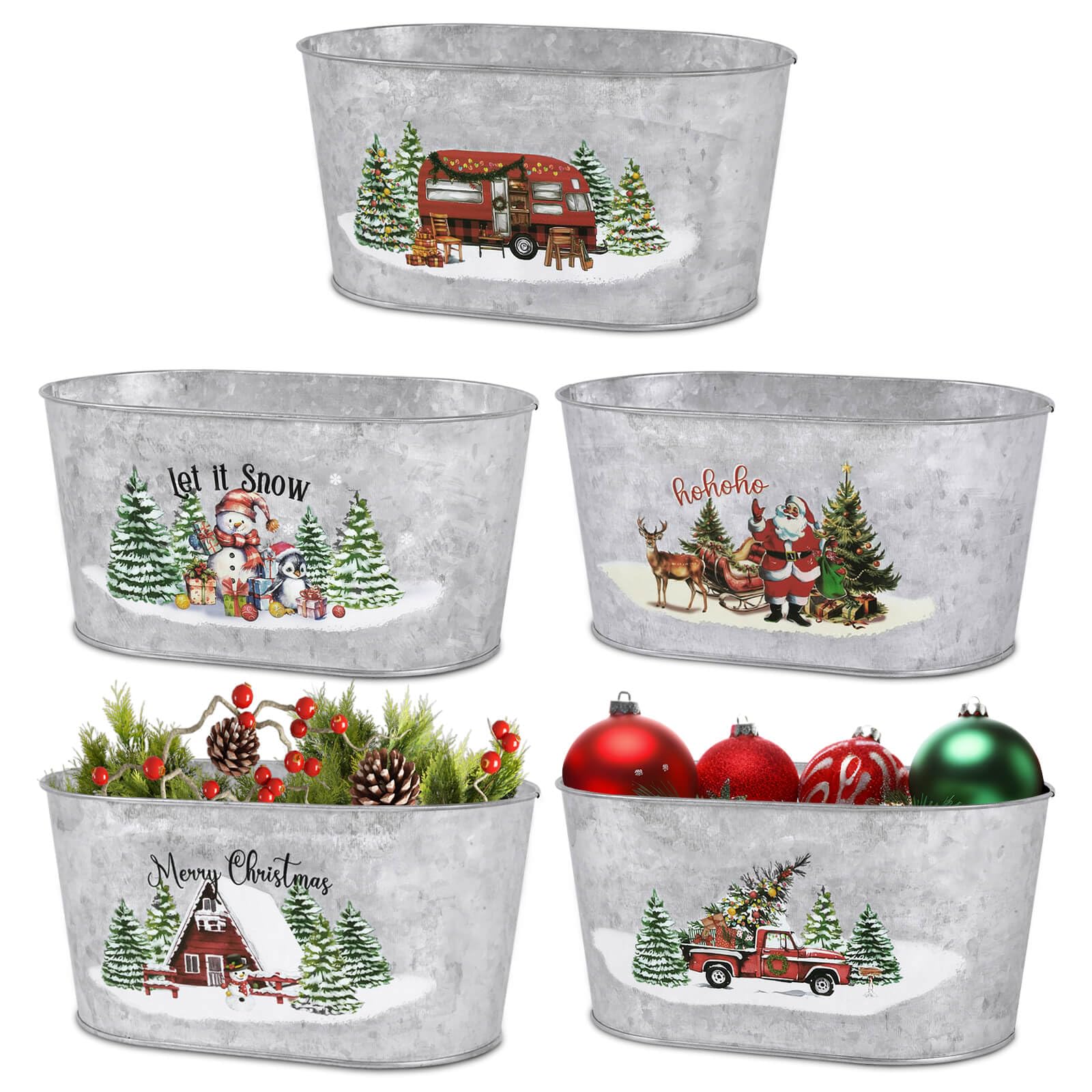 Christmas Metal Buckets Set of 5 - Galvanized Tin Pails for Holiday Decor, Party Centerpieces & Beverage Serving | 9 Inch Oval Pots for Home Table Decorations, Storage & Festive Celebrations