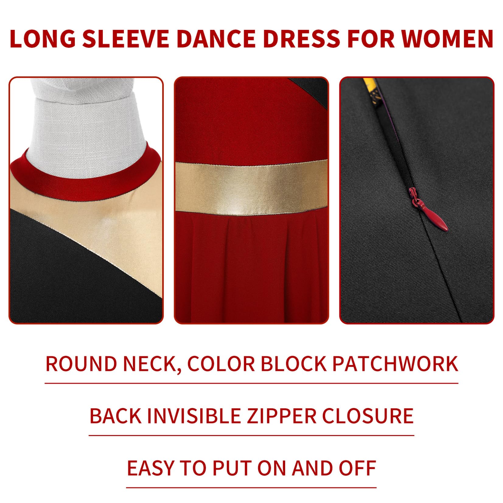 Women's Metallic Block Lyrical Praise Dance Tunic - Long Sleeve Bell Liturgical Worship Dance Dress Costume for Church Performances & Christian Dance Events