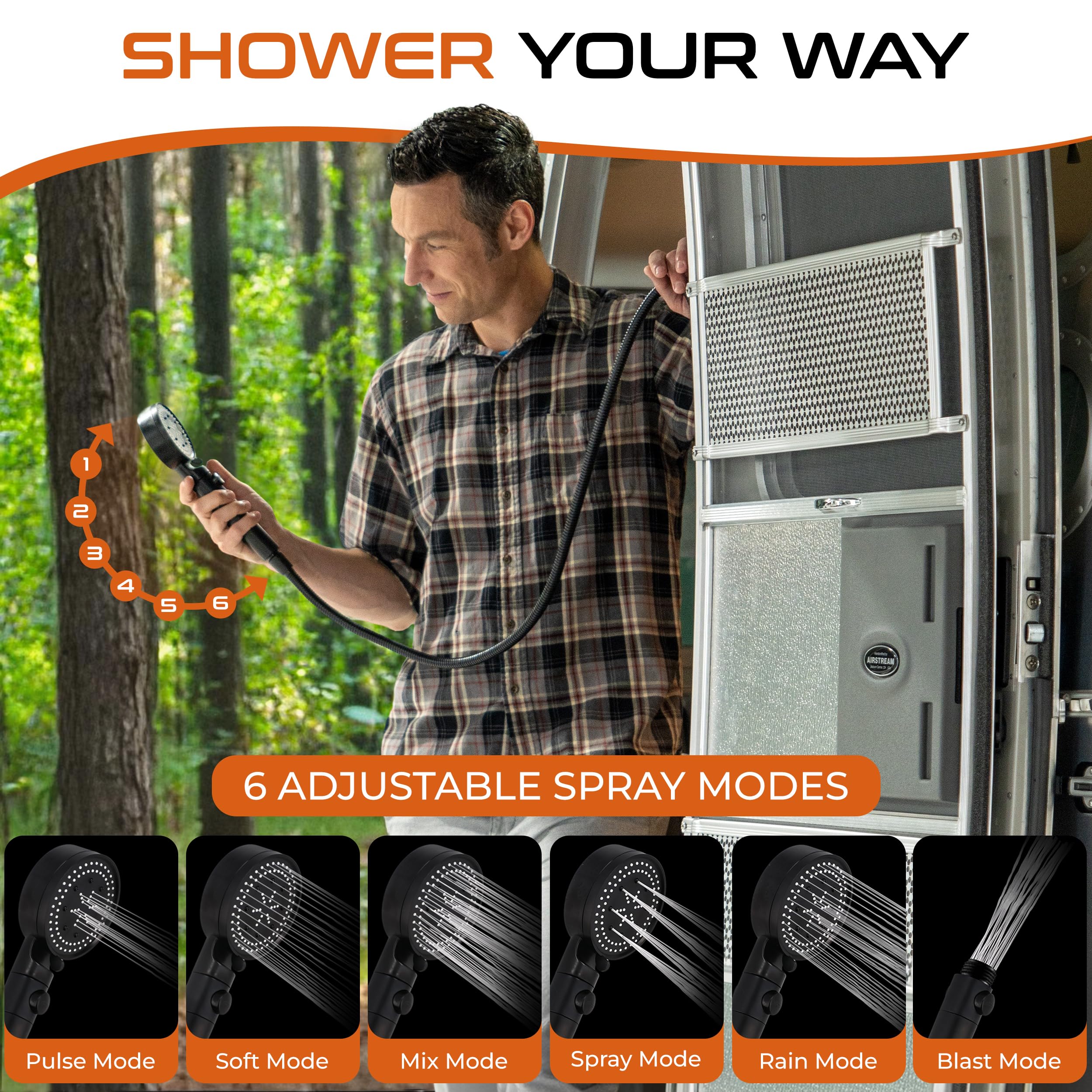 Versatile RV Shower Head with Hose - 6 Spray Modes & On/Off Button - Easy Install Camper Shower Kit for Indoor/Outdoor Use - Perfect for RV, Camping, Boating & Off-Grid Living