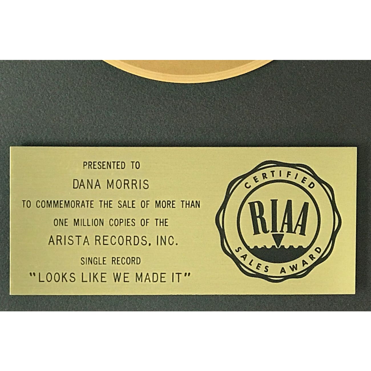 Barry Manilow 'Looks Like We Made It' RIAA Certified Gold Single Award - Perfect for Music Collectors & Manilow Fans Display
