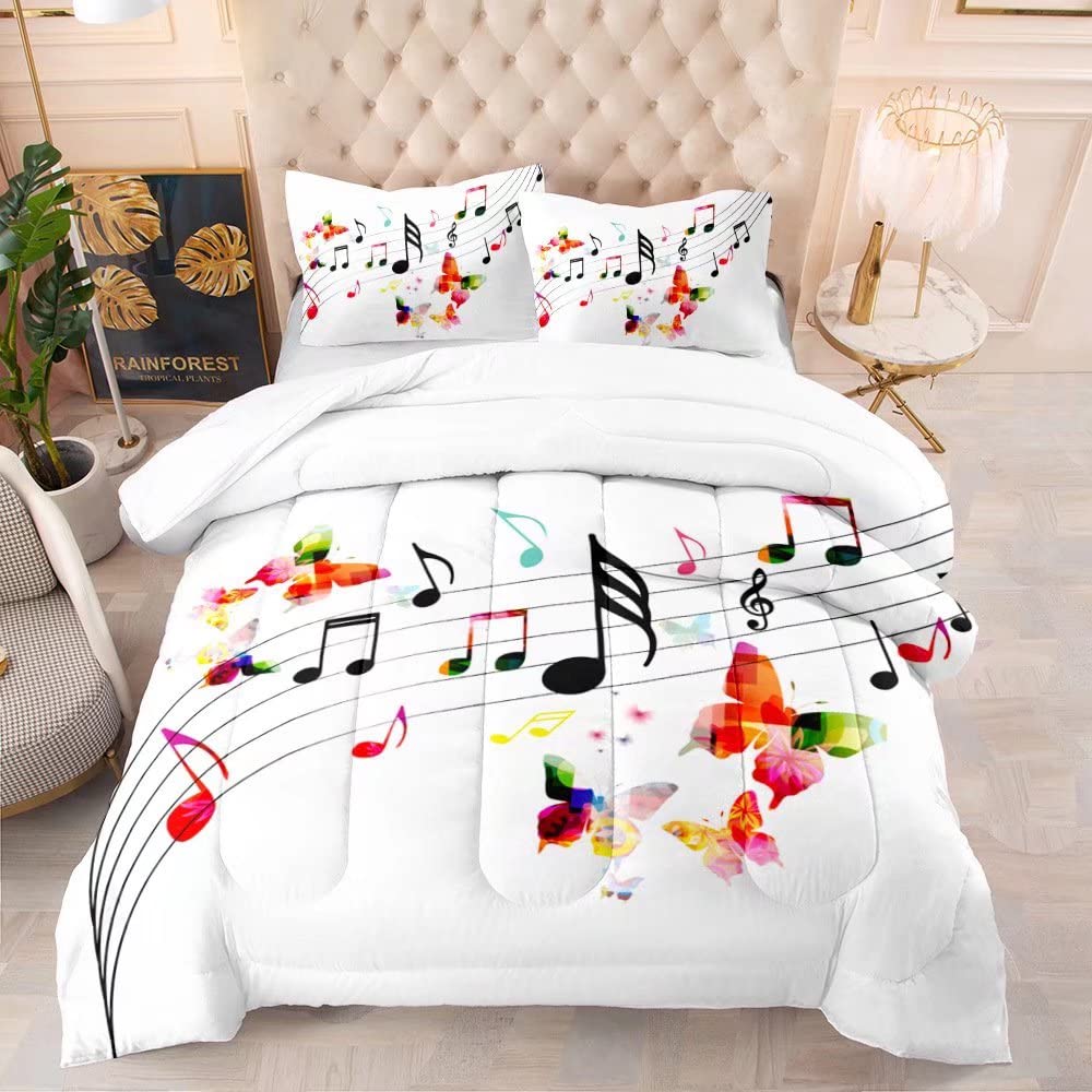 Music Notes Comforter Set - Themed Bedding for Kids, Boys, Girls & Teens with Butterfly Print - 1 Comforter + 2 Pillowcases - Perfect for Music Lovers' Bedrooms & Dorm Rooms