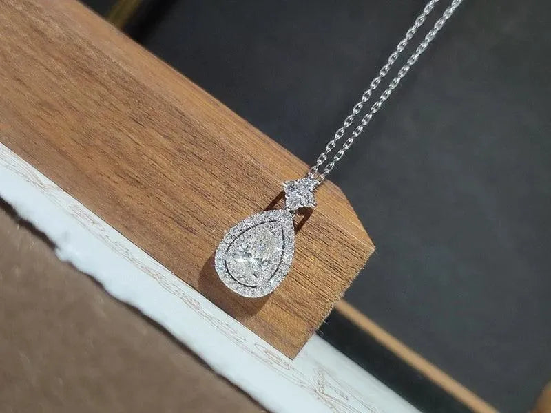 18K White Gold Diamond Pendant Necklace for Women - Shiny Water Drop Design with Real Natural Diamonds - Elegant Wedding & Anniversary Jewelry Gift - Perfect for Bridal, Evening Wear and Special Occasions