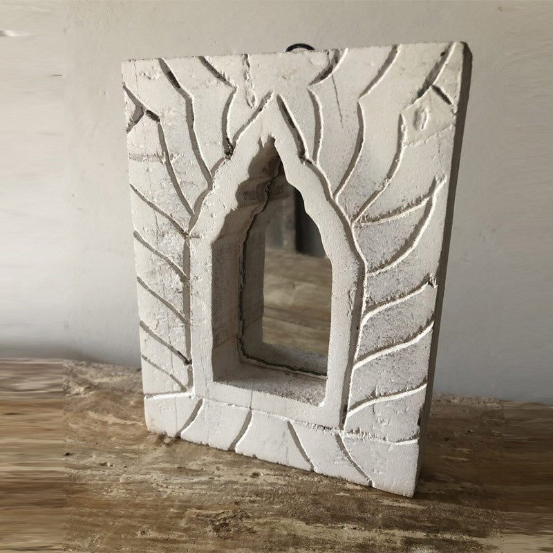 Hand Carved Indian Solid Wood Temple Mirror - 21cm Whitewashed Wall Decor for Home, Yoga Studio & Meditation Space | Boho Chic & Spiritual Decor