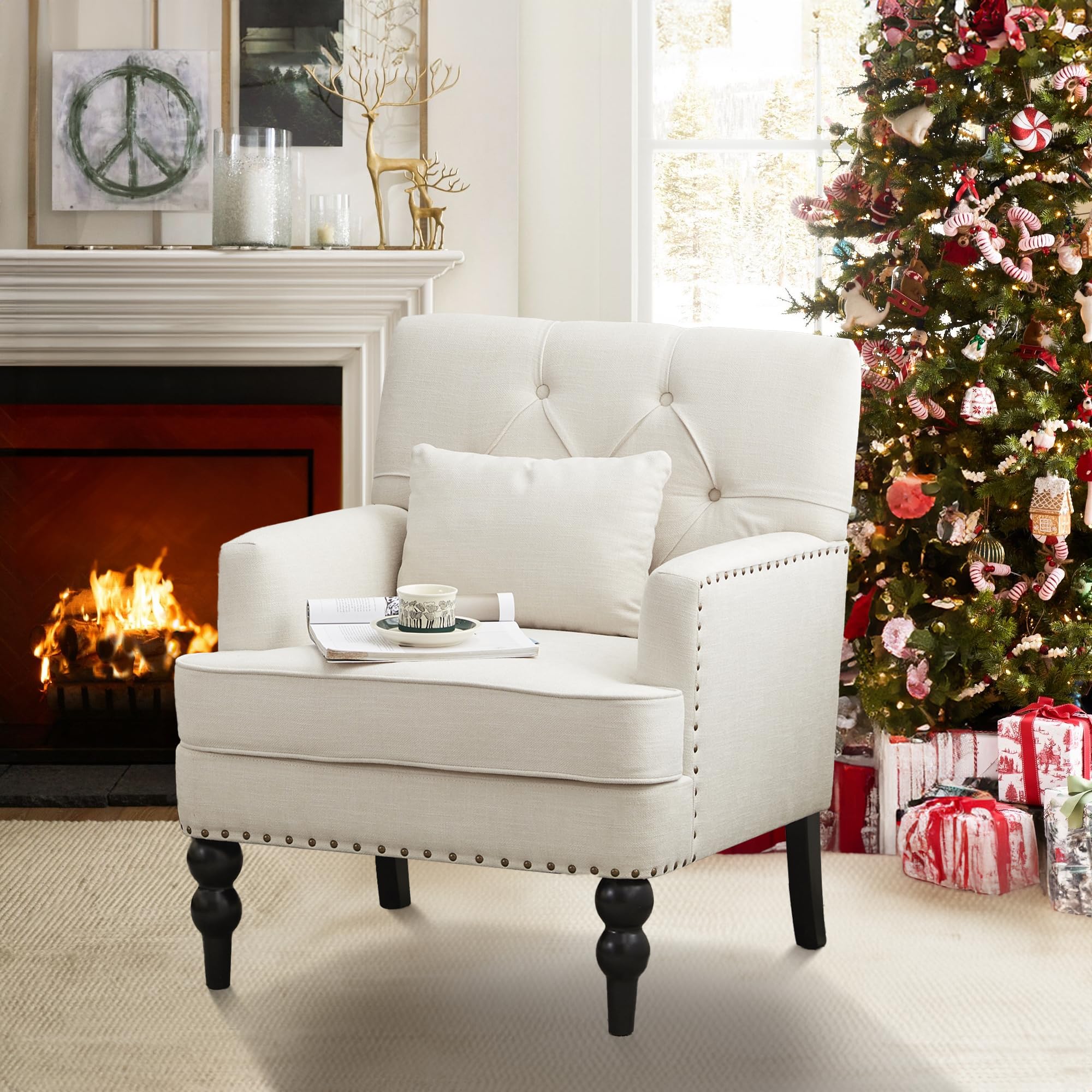 HUIMO Tufted Club Chair Set of 2 - Mid Century Modern Accent Chairs with Lumbar Pillow & Studded Upholstery, Beige Fabric Armchairs for Living Room, Bedroom, Office or Reading Nook - Cozy Seating for Relaxation & Home Decor