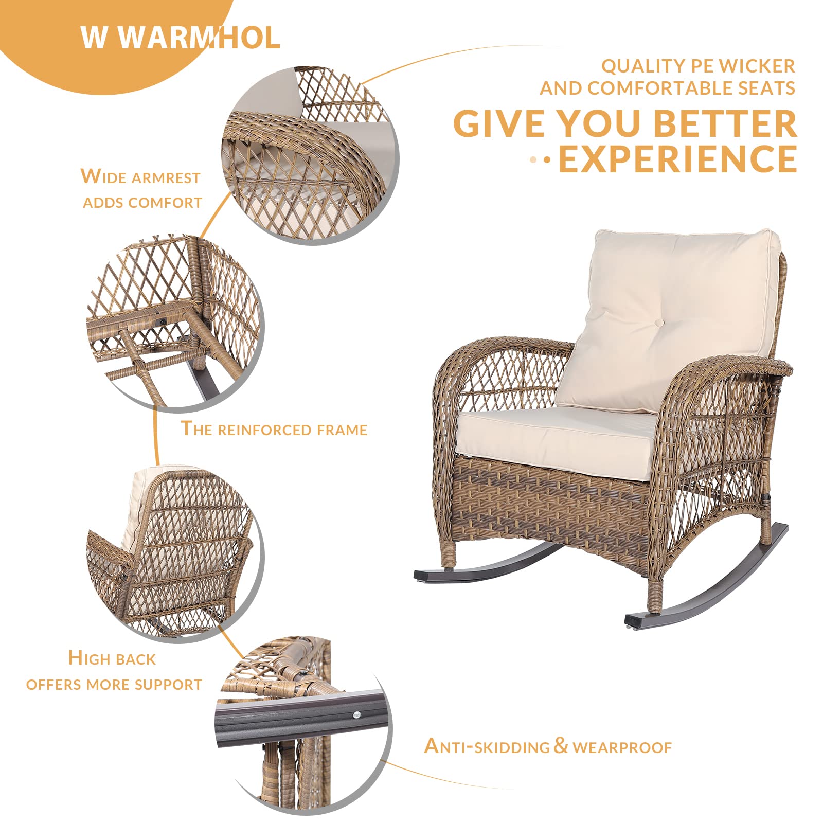 3-Piece Outdoor Patio Bistro Rocking Chair Set - Rattan Wicker Rocker Chairs with Cushions & Glass-Top Coffee Table - Beige Conversation Set for Porch, Backyard, Garden & Poolside Relaxation