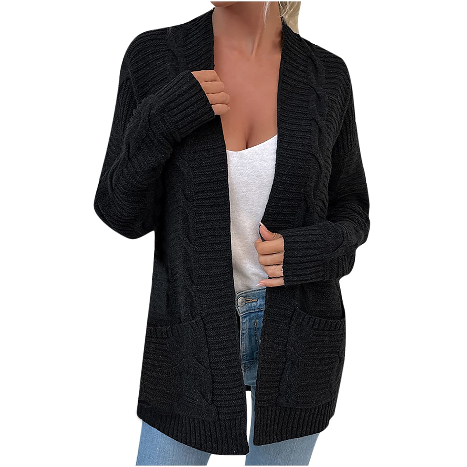Women's Long Wool Cardigan - Waffle Cable Knit Open Front Shawl Coat - Soft Winter Warm Wrap Knitwear Tunic Blouse for Casual Outfits & Office Wear