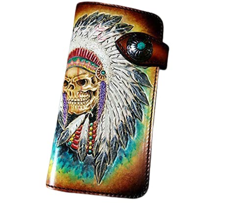 Handcrafted Genuine Leather Biker Wallet for Men - 3D Carved Indian Skull & Skeleton Design - Custom Personalized Long Wallet for Motorcycle Riders & Gift Giving