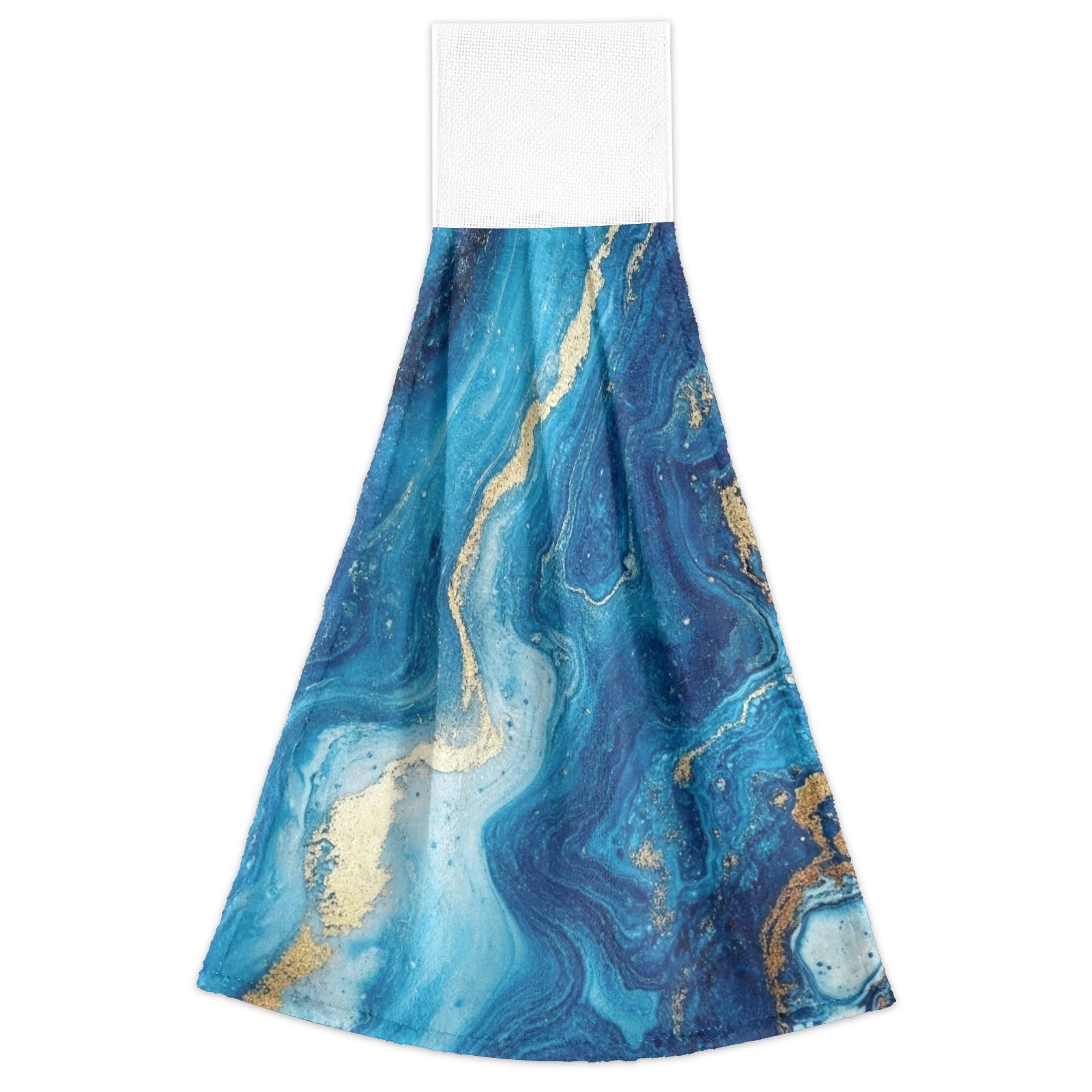 Boccsty Ocean Blue Marble Hanging Kitchen Towels Set of 2 - Absorbent Gold Marble Hand Towels with Loops for Dish Drying, Tea Bar & Bathroom - Farmhouse Home Decor & Housewarming Gift