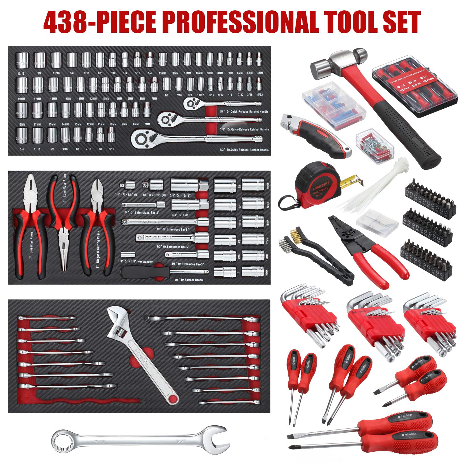 438-Piece Professional Mechanics Tool Set with 3-Drawer Heavy Duty Metal Toolbox - Complete Automotive Repair Kit for DIY, Home & Garage Use