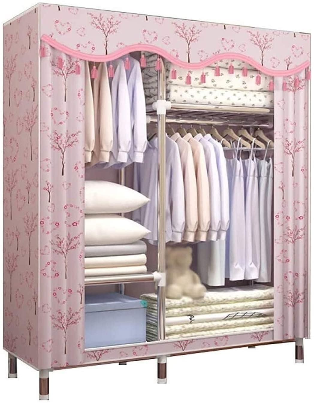 Portable Closet Wardrobe with Storage Shelves - 110x46x170cm Pink Clothes Organizer for Bedroom - Easy Assembly Space-Saving Closet for Dorm, Apartment & Small Spaces