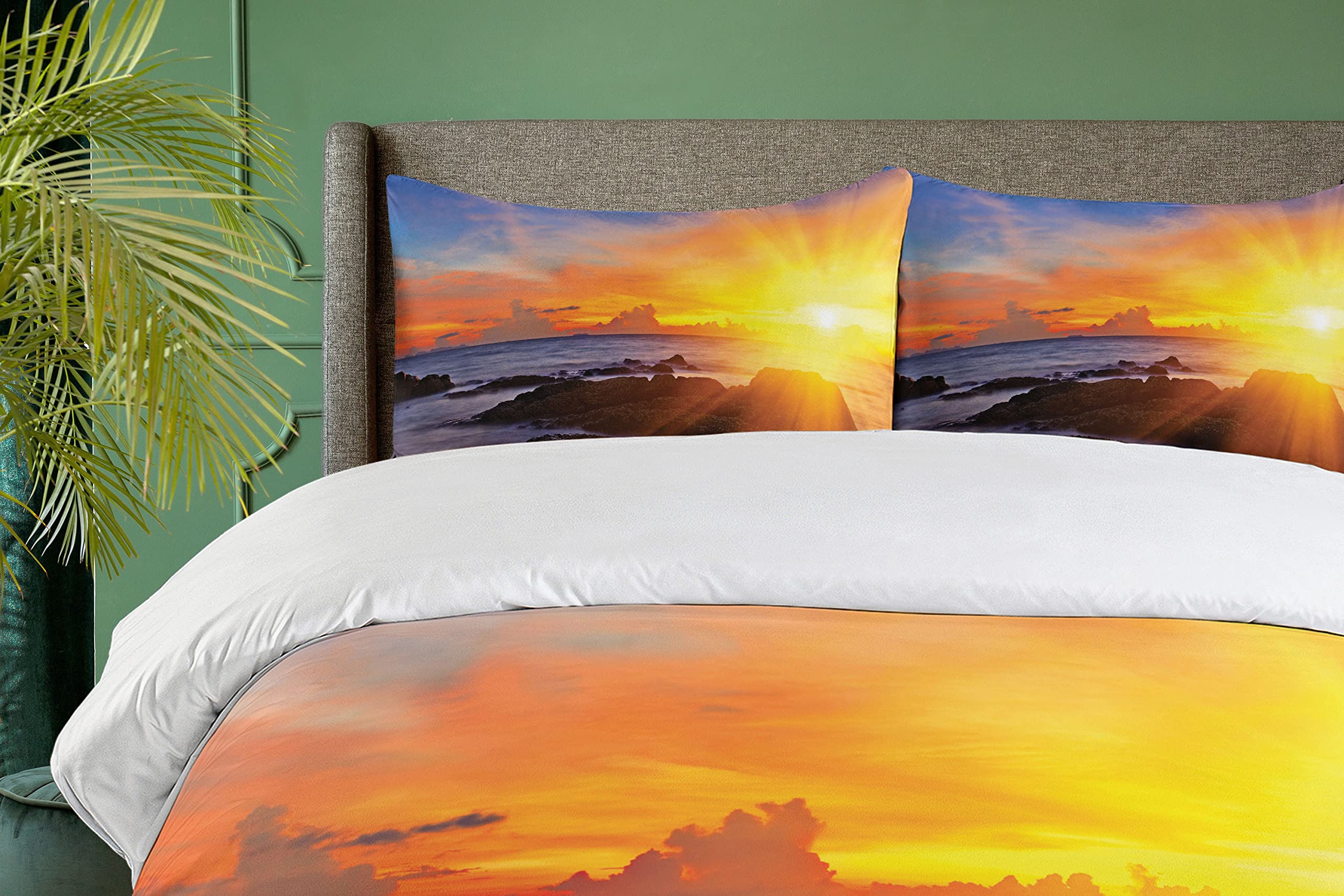 Ambesonne Beach Duvet Cover Set - Vibrant Tropical Sunset Print 3-Piece Bedding (California King, Orange & Blue) with 2 Pillow Shams | Coastal Decor, Summer Bedroom Upgrade, Vacation Home Styling