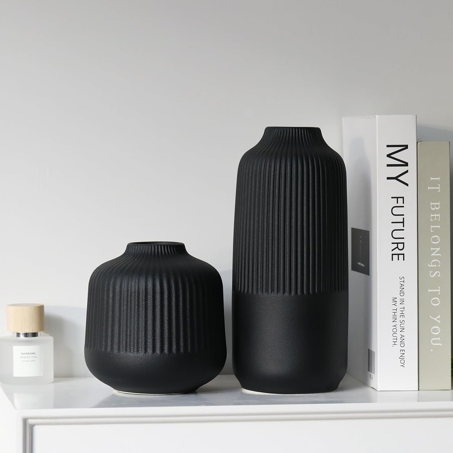 Matte Black Ceramic Flower Vase Set of 2 - 10 Inch Ribbed Nordic Style Vases for Fresh & Dried Flowers, Pampas Grass - Perfect for Home, Office & Shelf Decor - Elegant Centerpiece for Living Room, Dining Table & Wedding Arrangements