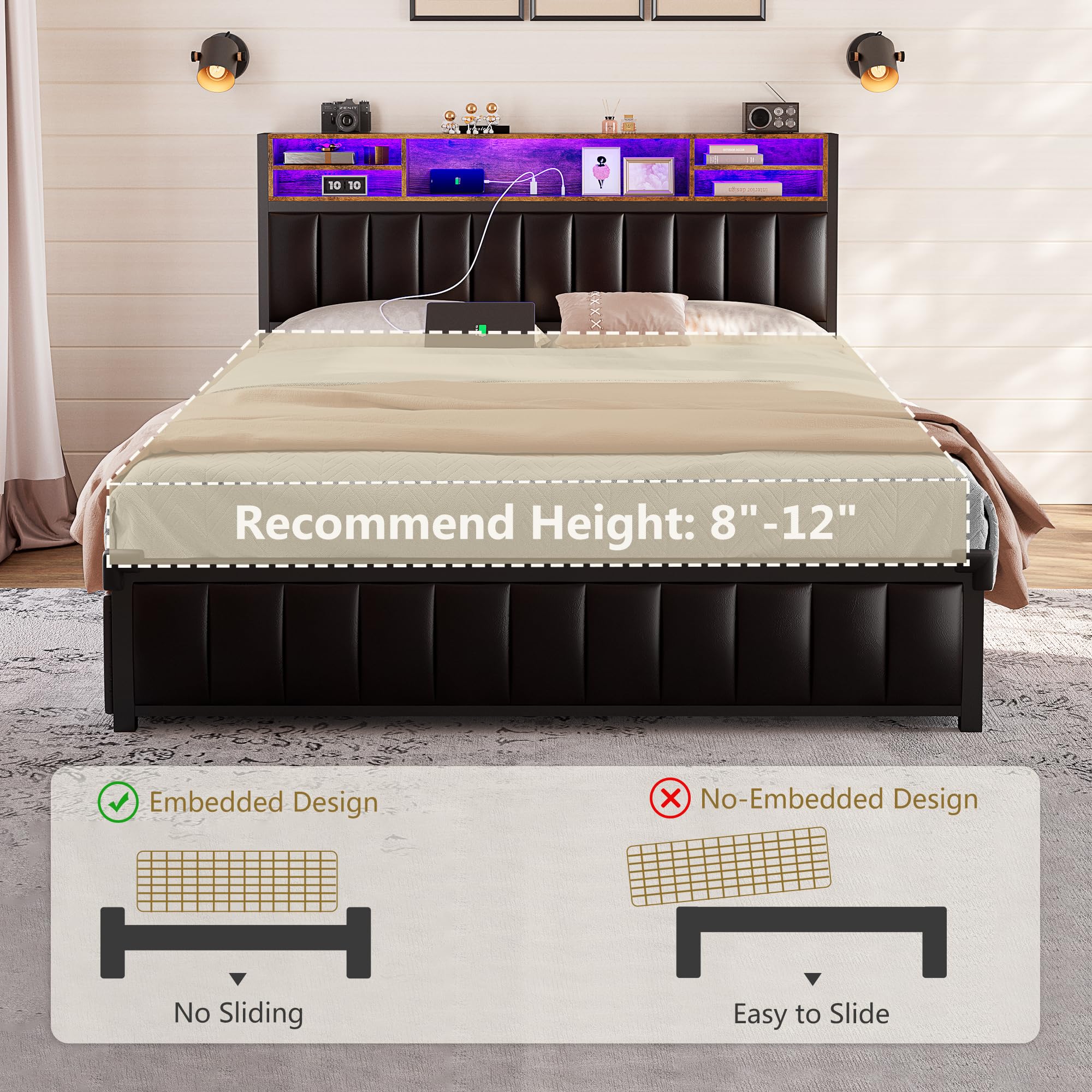 Alohappy Queen Size Upholstered Platform Bed Frame with 4 Storage Drawers, Bookcase Headboard, USB-C/USB Charging Station & LED Lights - No Box Spring Needed - Modern Black Bedroom Furniture for Small Spaces & Studio Apartments