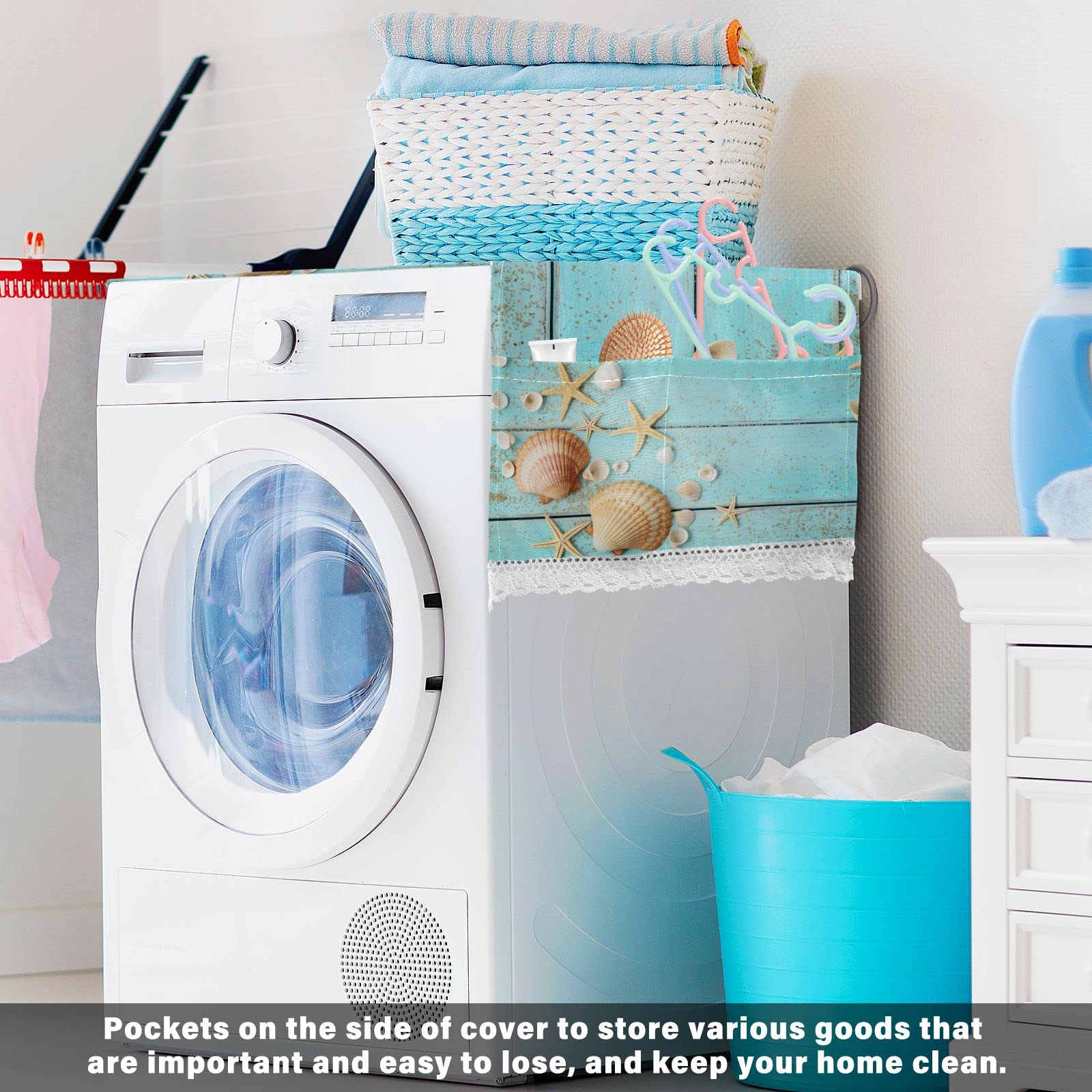 51''x22'' Non-Slip Waterproof Washing Machine Cover - Summer Beach Seashell Starfish Design for Front Load Washer & Dryer, Dust Proof Refrigerator Top Mat with 4 Storage Bags | Perfect for Laundry Room, Beach House Decor & Home Organization