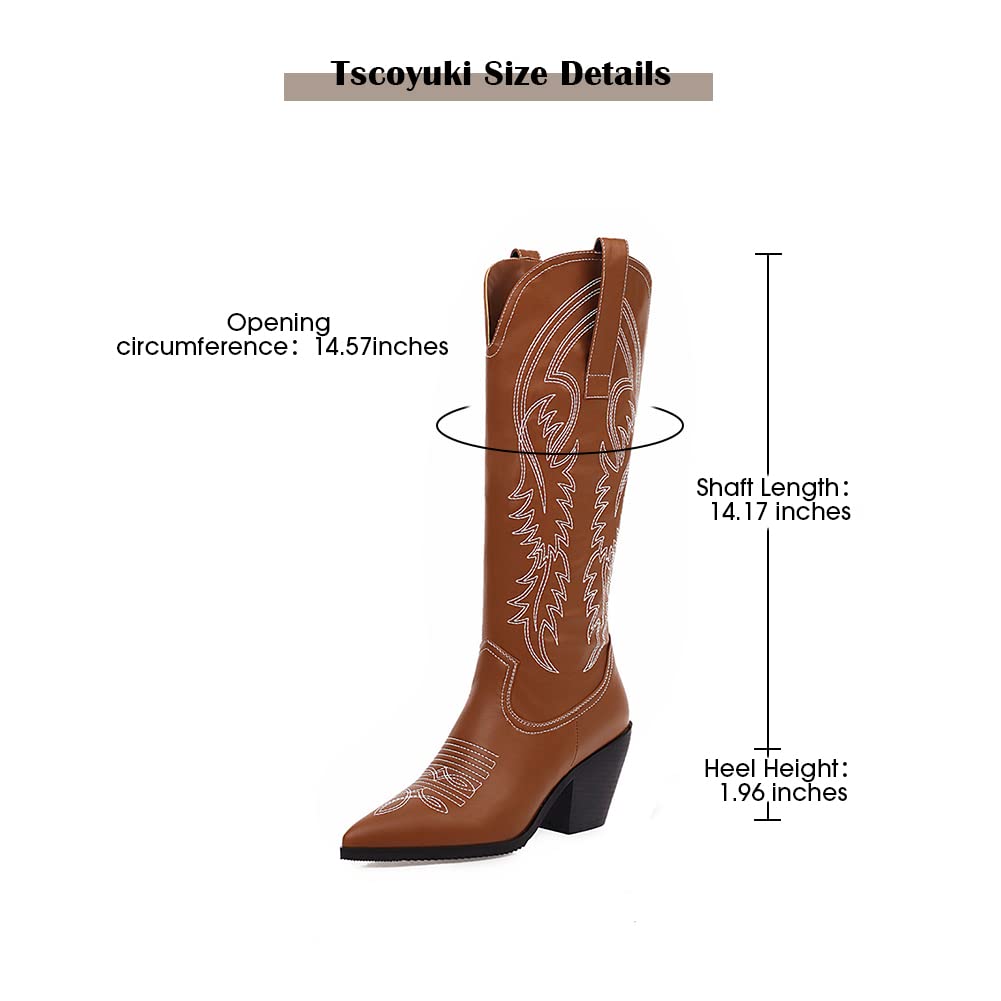 Tscoyuki Women's Western Cowboy Boots - Embroidered Knee High Boots with Pointed Toe & Chunky Block Heel | Pull-On Design for Easy Wear | Perfect for Country Rodeo, Line Dancing & Fall Fashion Outfits