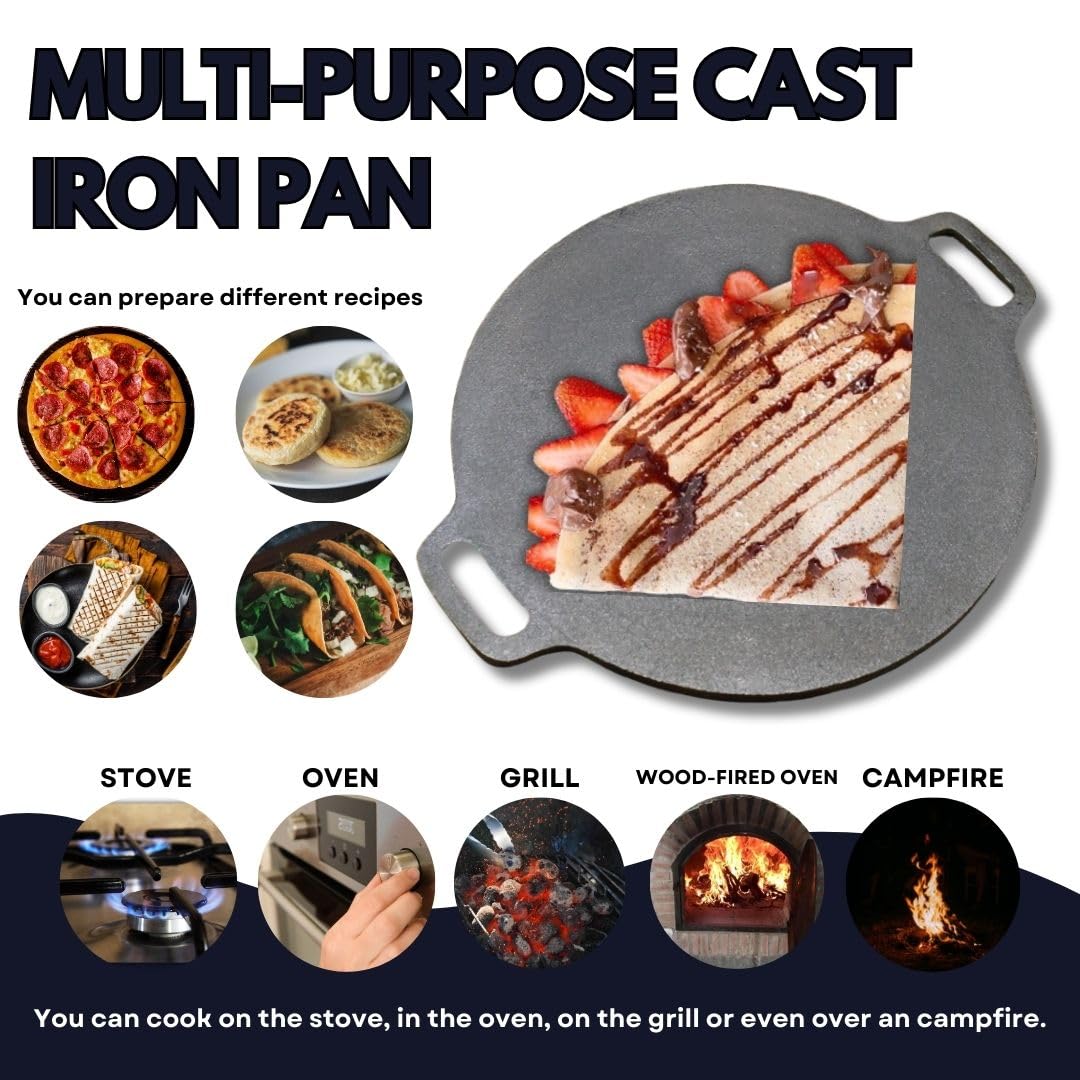 12-Inch Pre-Seasoned Cast Iron Skillet - Nonstick Griddle Pan for Tortillas, Crepes, Dosa & Pizza - Heavy Duty Comal, Tawa & Flat Pan - Perfect for Stovetop, Oven & Outdoor Cooking