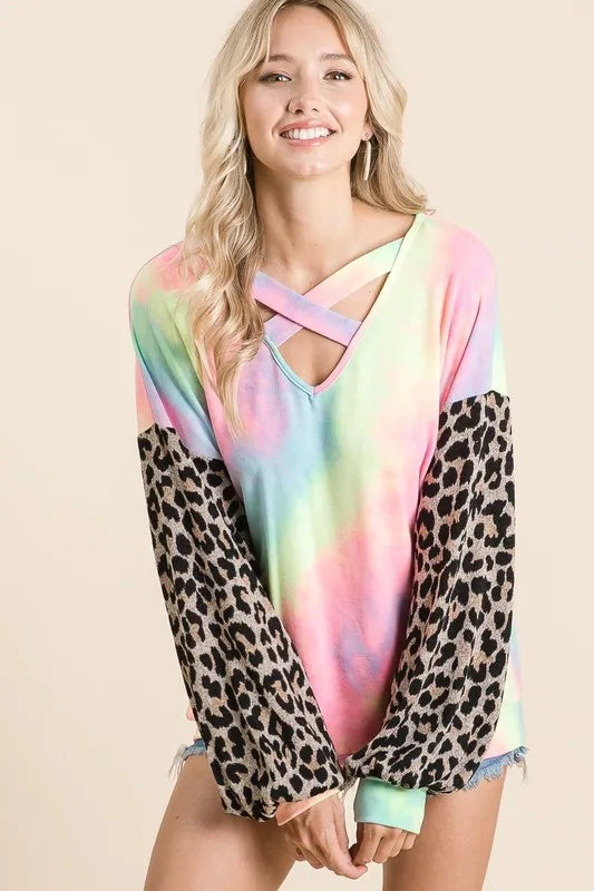 BiBi Tie Dye Terry Crop Top with Leopard Print Puff Sleeves | Trendy Women's Fashion for Summer, Music Festivals & Beach Outfits