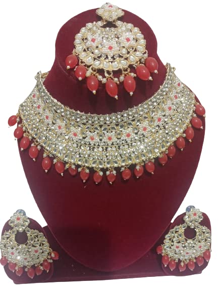 Elegant Traditional Crystal Necklace Set - Choker with Matching Earrings & Mangtikka | Perfect for Weddings, Parties & Special Occasions