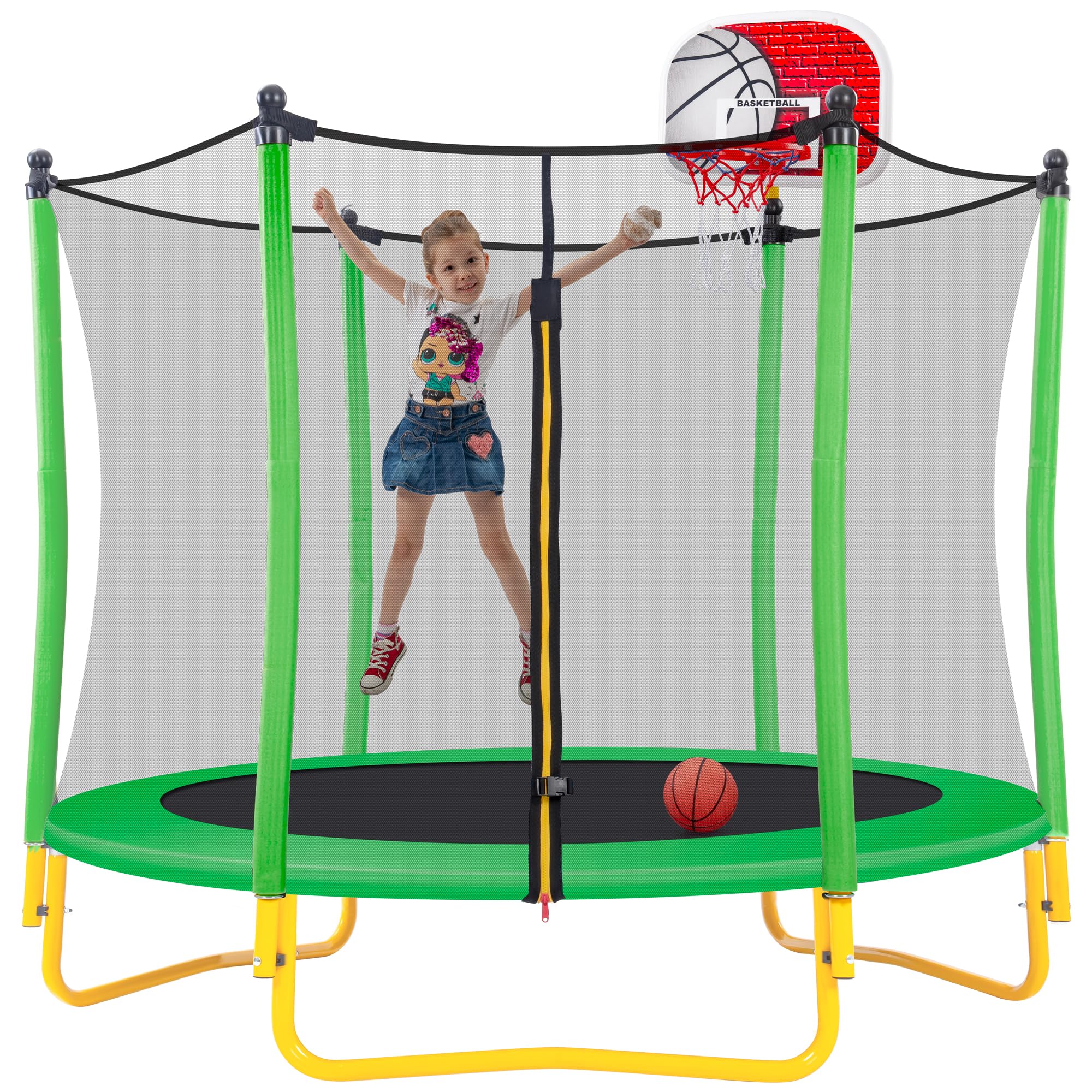 Merax 66'' Kids Trampoline with Basketball Hoop & Safety Enclosure Net - 5.5FT Mini Trampoline for Toddlers Ages 1-8 | Indoor/Outdoor Bounce Toy with Rubber Ball | Perfect Birthday Gift for Active Kids | Great for Backyard Play, Exercise & Birthday Parties