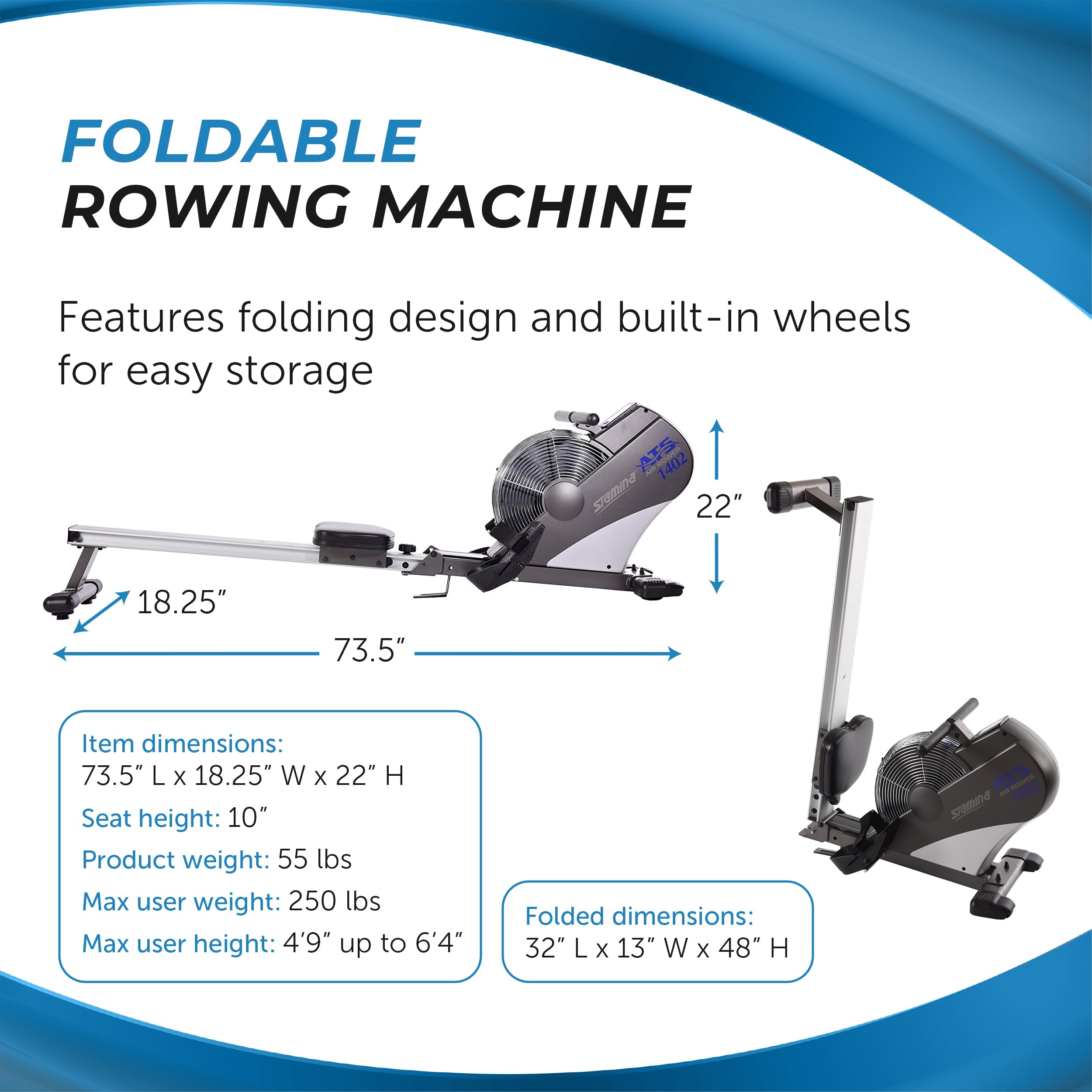 Stamina ATS Air Rower - Foldable Rowing Machine for Home Gym with Smart Workout App | No Subscription Required | Perfect for Cardio Training & Full Body Workouts at Home