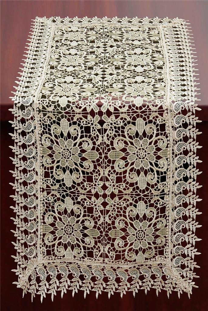 Creative Linens Lace Table Runner - Embroidered Flower Dresser Scarf, Beige 17x35 Inch Rectangular - Perfect for Holiday Decorations, Wedding Centerpieces & Dining Table Decor