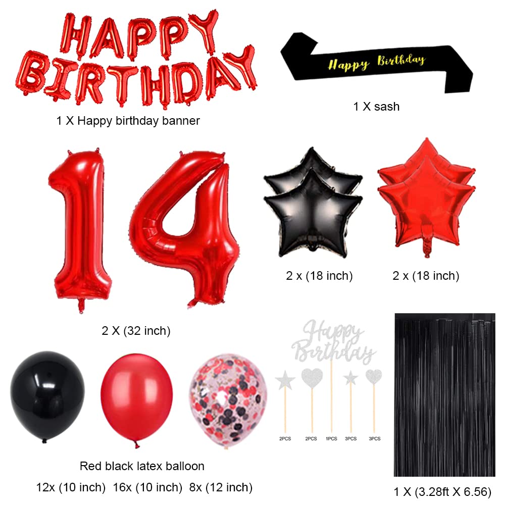 14th Birthday Party Decorations Kit - Red & Black Latex Balloons, Cake Topper, Sash, Foil Curtains & Star Balloons for Teen Birthday Celebration | Perfect for Themed Parties, Milestone Birthdays & Photo Backdrops