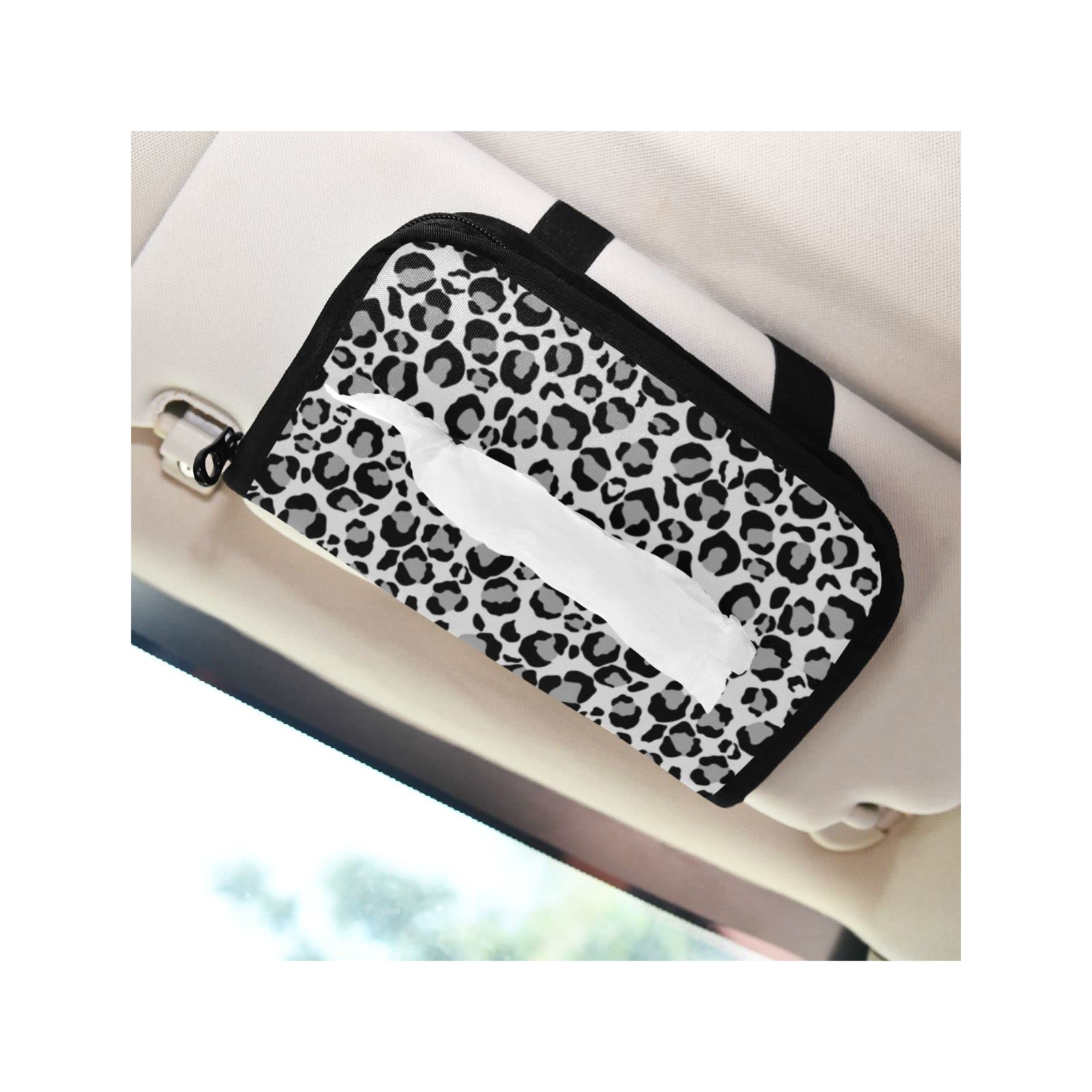 Silver Snow Leopard Car Tissue Holder for Sun Visor - Adjustable Wipe Dispenser with Zipper for Headrest & Armrest - Premium Automotive Accessories | Perfect for Road Trips, Commuting & Family Travel