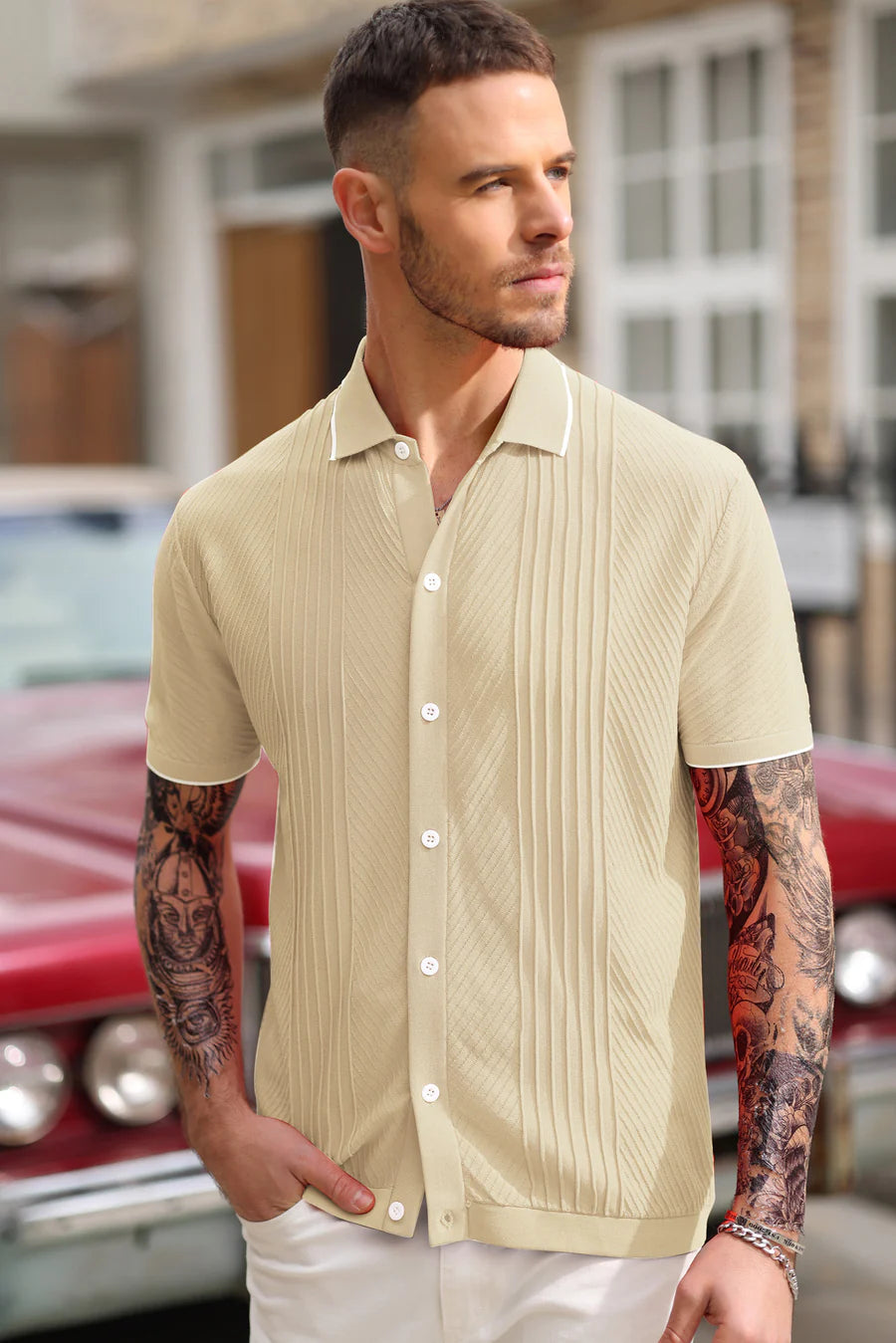 Men's Textured Cardigan Sweater - Short Sleeve Lapel Collar Button Up Knitwear for Casual Wear & Office Outfits