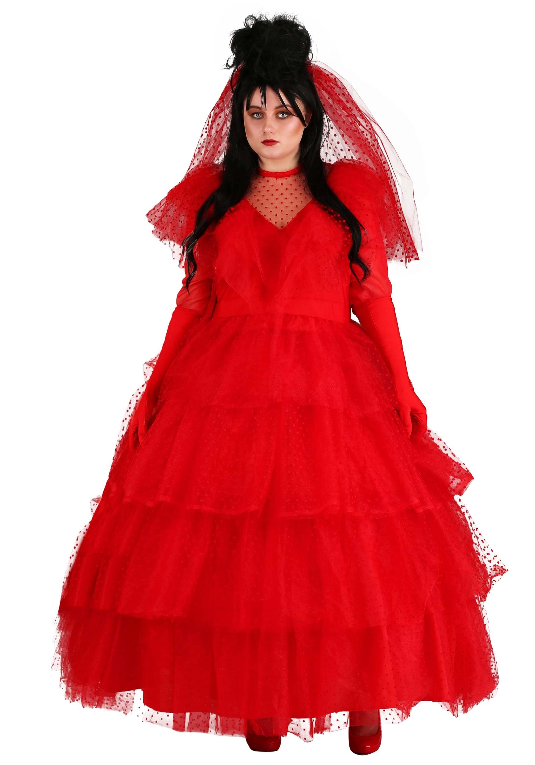 Women's Plus Size Lydia Halloween Costume - Gothic Red Wedding Dress with Veil & Gloves for Cosplay, Themed Parties, Halloween Events & Vampire-Themed Weddings | Perfect for Gothic Lovers & Costume Enthusiasts