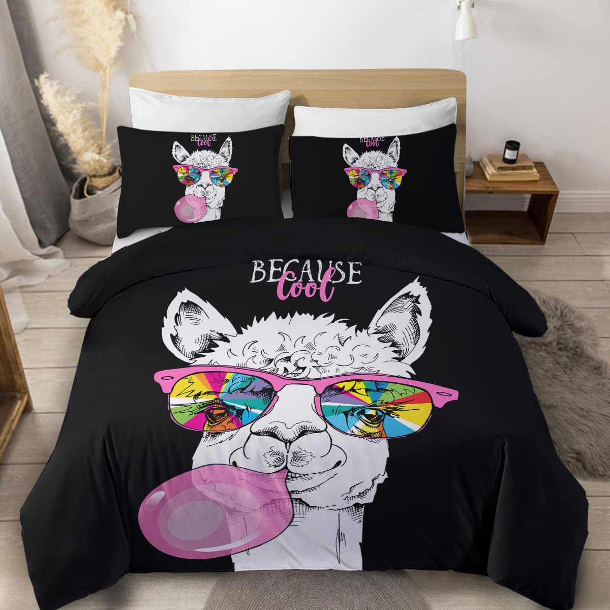 **Sleepwish Llama Bedding Twin Set - Soft Alpaca Duvet Cover with Rainbow Glasses for Kids & Teens (3-Piece, Pink & Black) - Perfect for Cozy Bedrooms & Playful Decor**