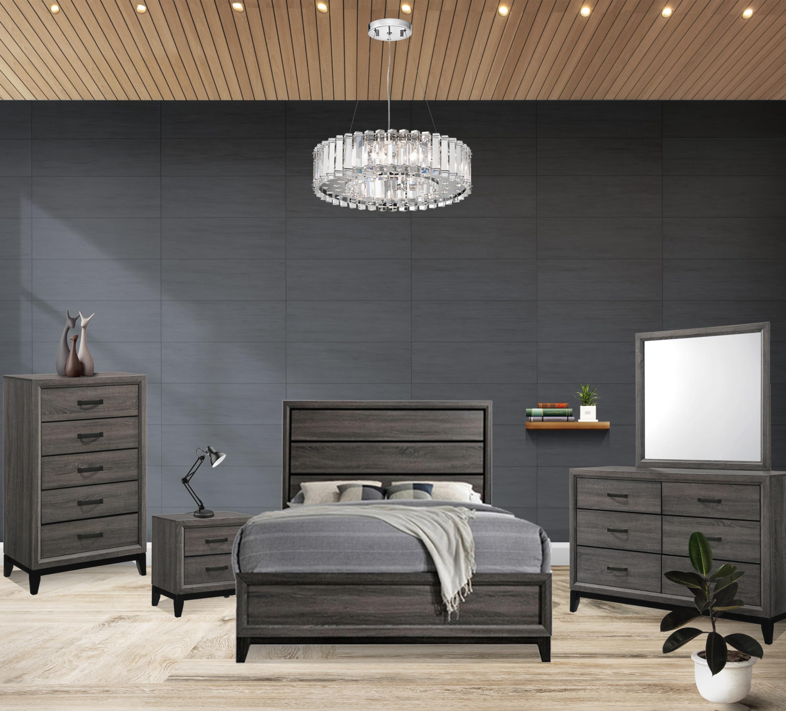 Kings Brand Ambroise 5-Piece King Size Bedroom Set - Grey/Black Wood Bed Frame, Dresser, Mirror, Chest & Nightstand | Modern Master Bedroom Furniture for Home Decor & Relaxation