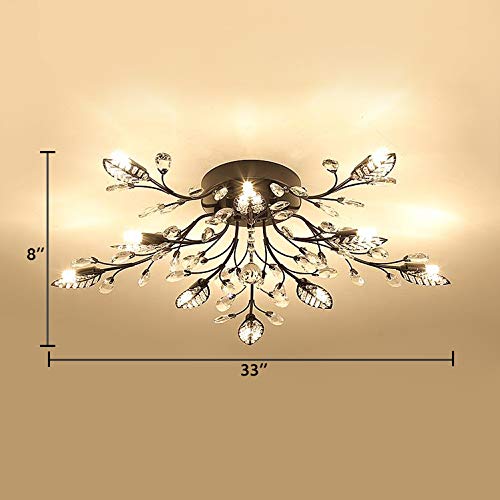 Black Contemporary Leaf Semi Flush Mount Ceiling Light with Clear Crystal Accents - 10-Light Modern Chandelier for Dining Room, Bedroom, or Living Room Lighting